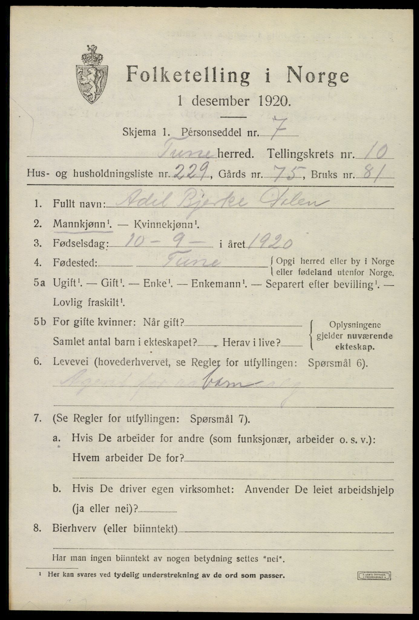 SAO, Folketelling 1920 for 0130 Tune herred, 1920, s. 13884