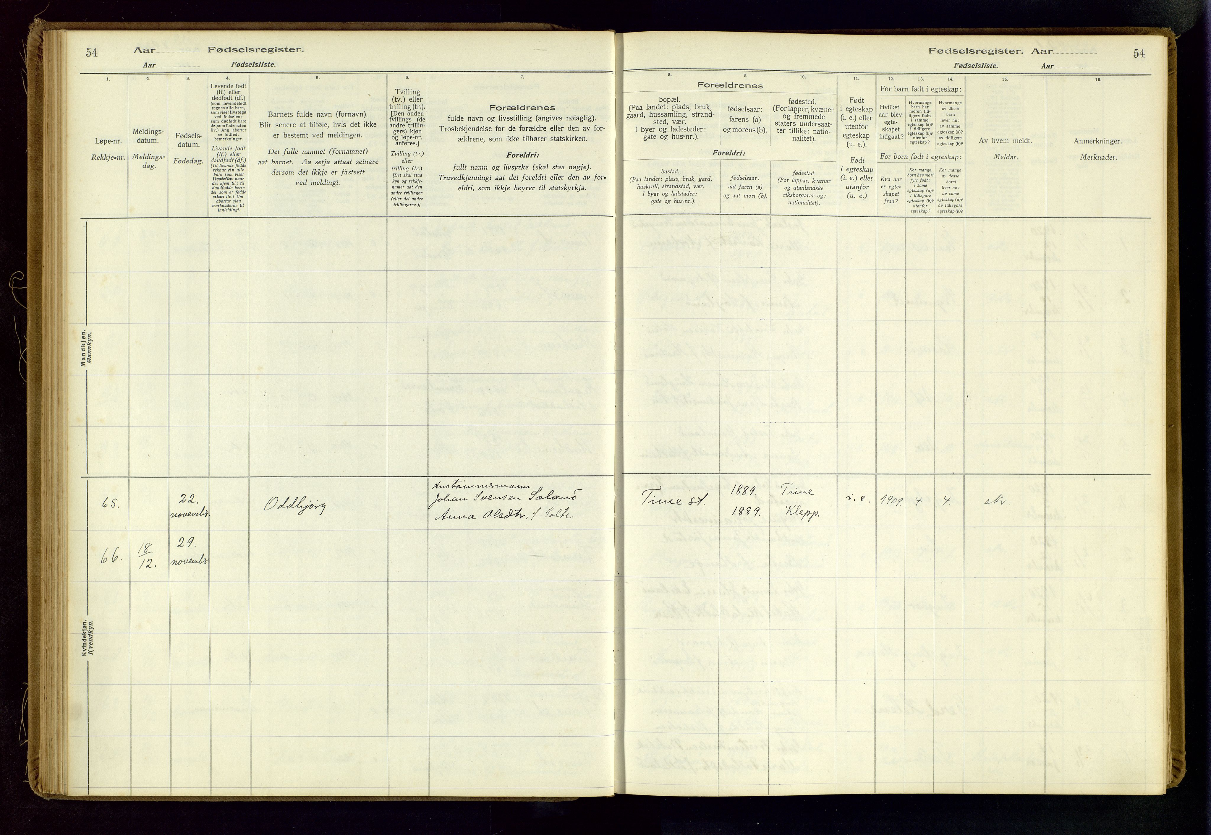 Time sokneprestkontor, AV/SAST-A-101795/001/704BA/L0001: Fødselsregister nr. 1, 1916-1934, s. 54