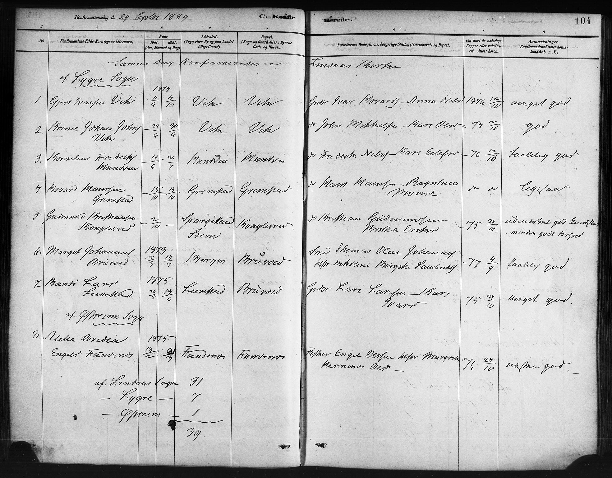 Lindås Sokneprestembete, AV/SAB-A-76701/H/Haa/Haaa/L0019: Ministerialbok nr. A 19, 1878-1912, s. 104