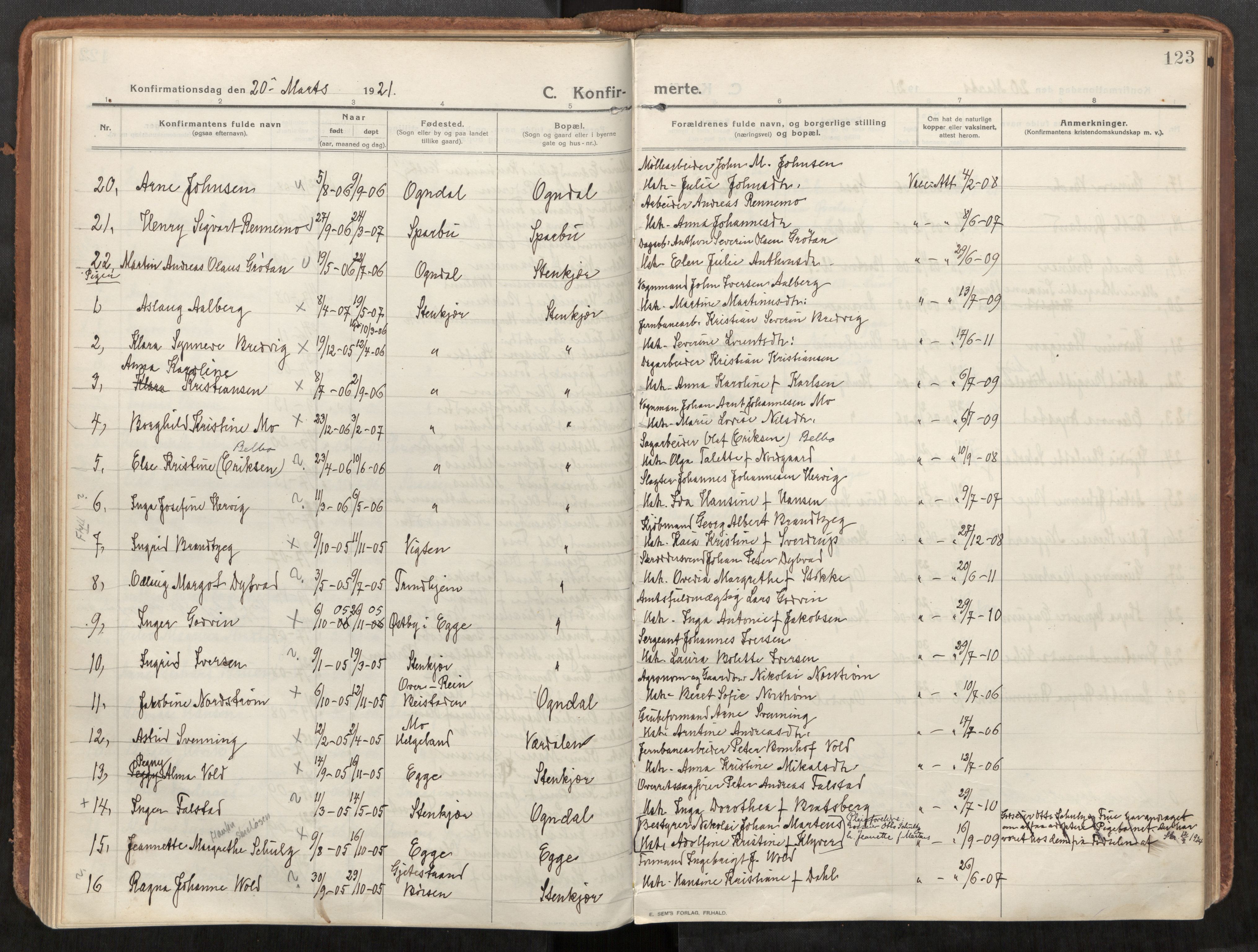Steinkjer sokneprestkontor, AV/SAT-A-1541/01/H/Ha/Haa/L0003: Ministerialbok nr. 3, 1913-1922, s. 123