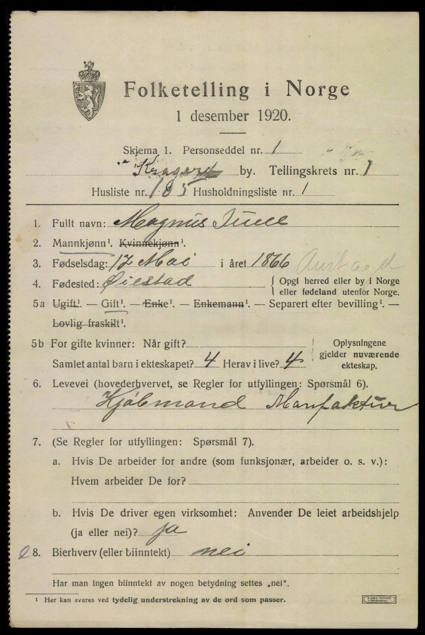 SAKO, Folketelling 1920 for 0801 Kragerø kjøpstad, 1920, s. 5327