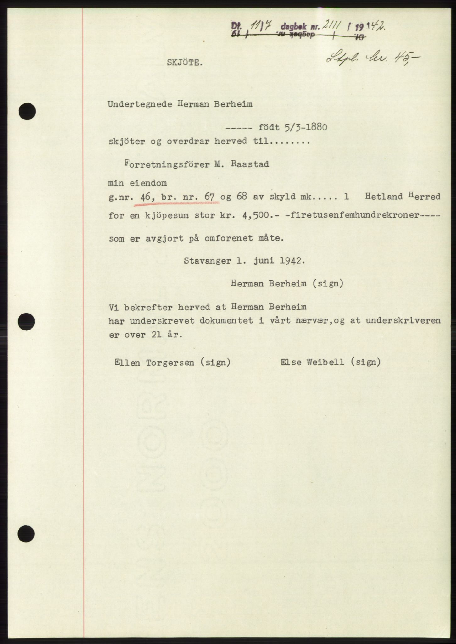 Jæren sorenskriveri, SAST/A-100310/03/G/Gba/L0083: Pantebok, 1942-1942, Dagboknr: 2111/1942