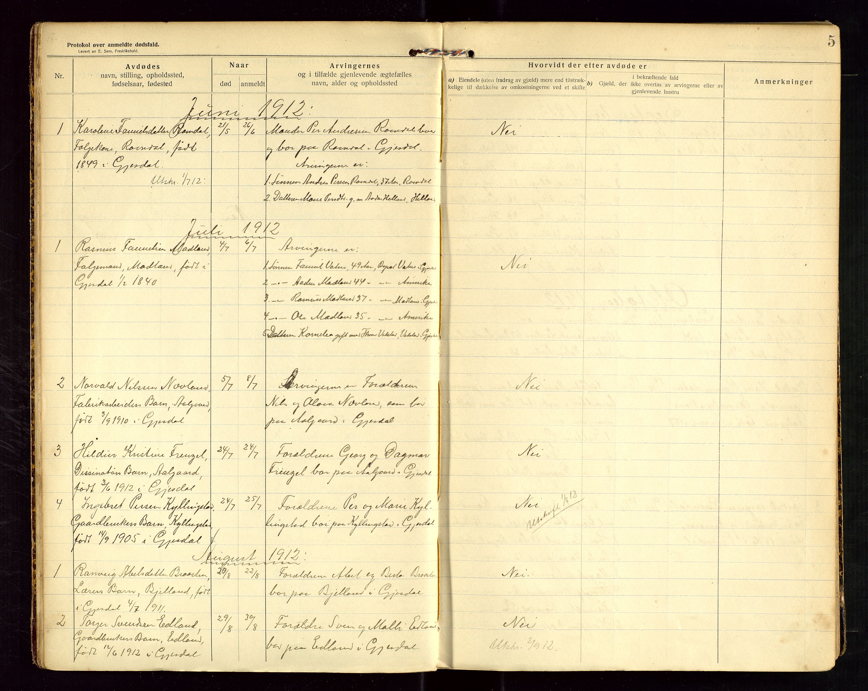 Gjesdal lensmannskontor, SAST/A-100441/Gga/L0002: Dødsfallprotokoll, 1911-1933, s. 5