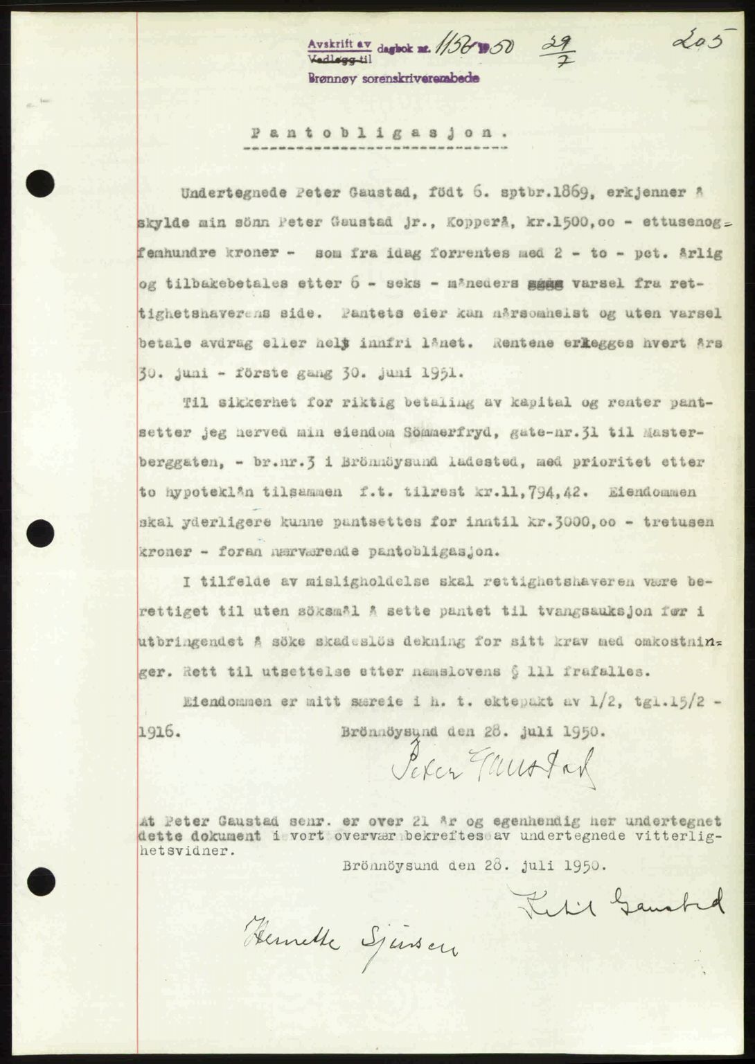 Brønnøy sorenskriveri, SAT/A-4170/1/2/2C: Pantebok nr. 36, 1950-1950, Dagboknr: 1156/1950