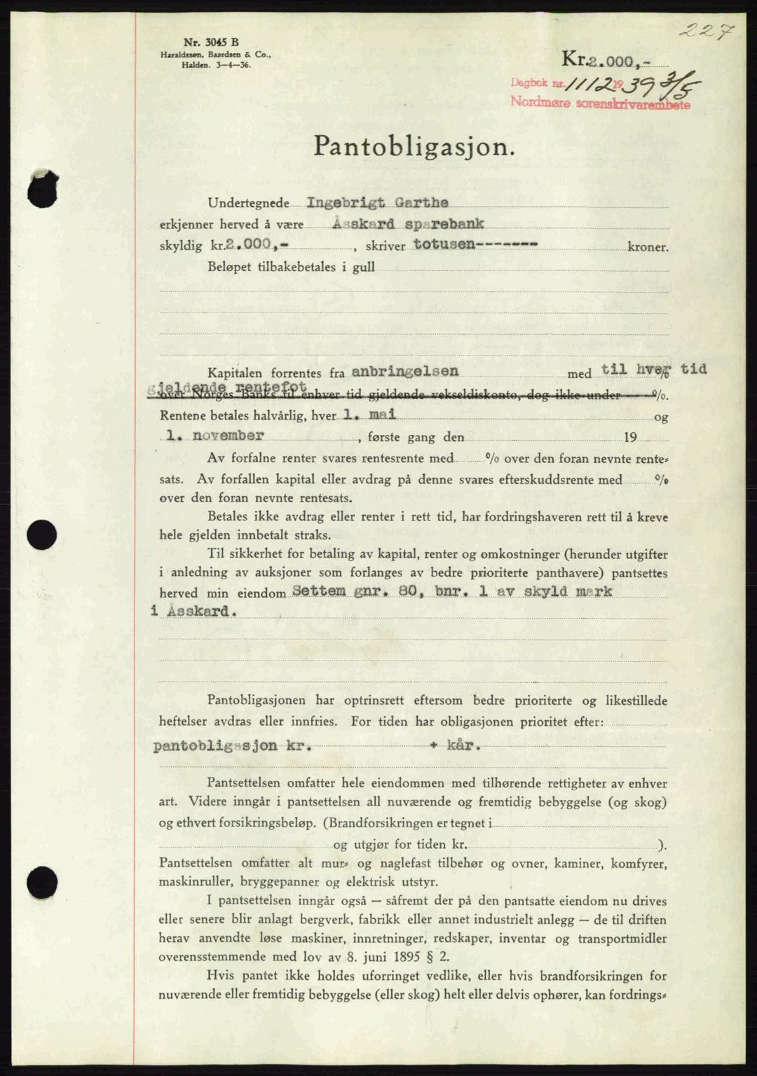 Nordmøre sorenskriveri, AV/SAT-A-4132/1/2/2Ca: Pantebok nr. B85, 1939-1939, Dagboknr: 1112/1939