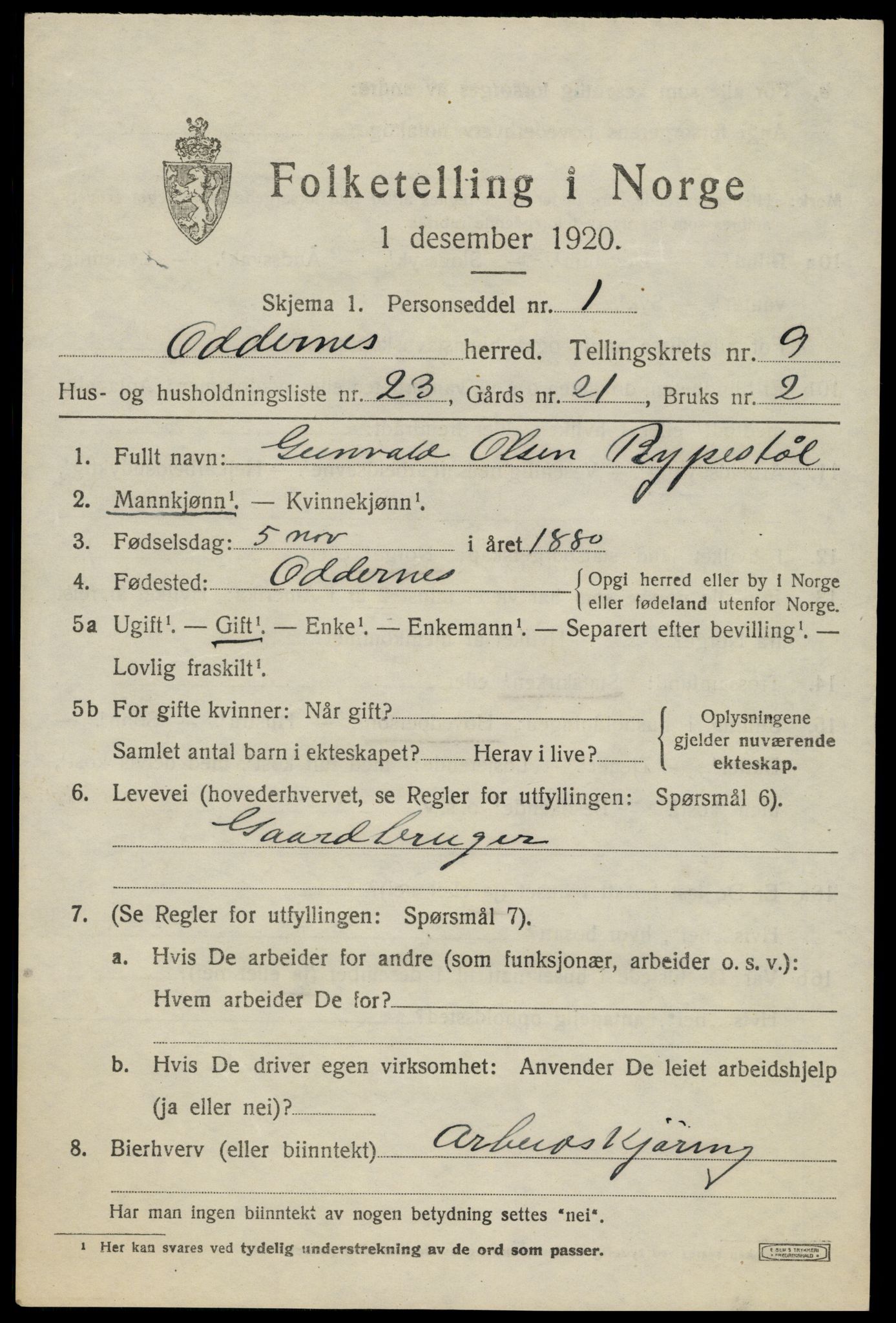 SAK, Folketelling 1920 for 1012 Oddernes herred, 1920, s. 6285