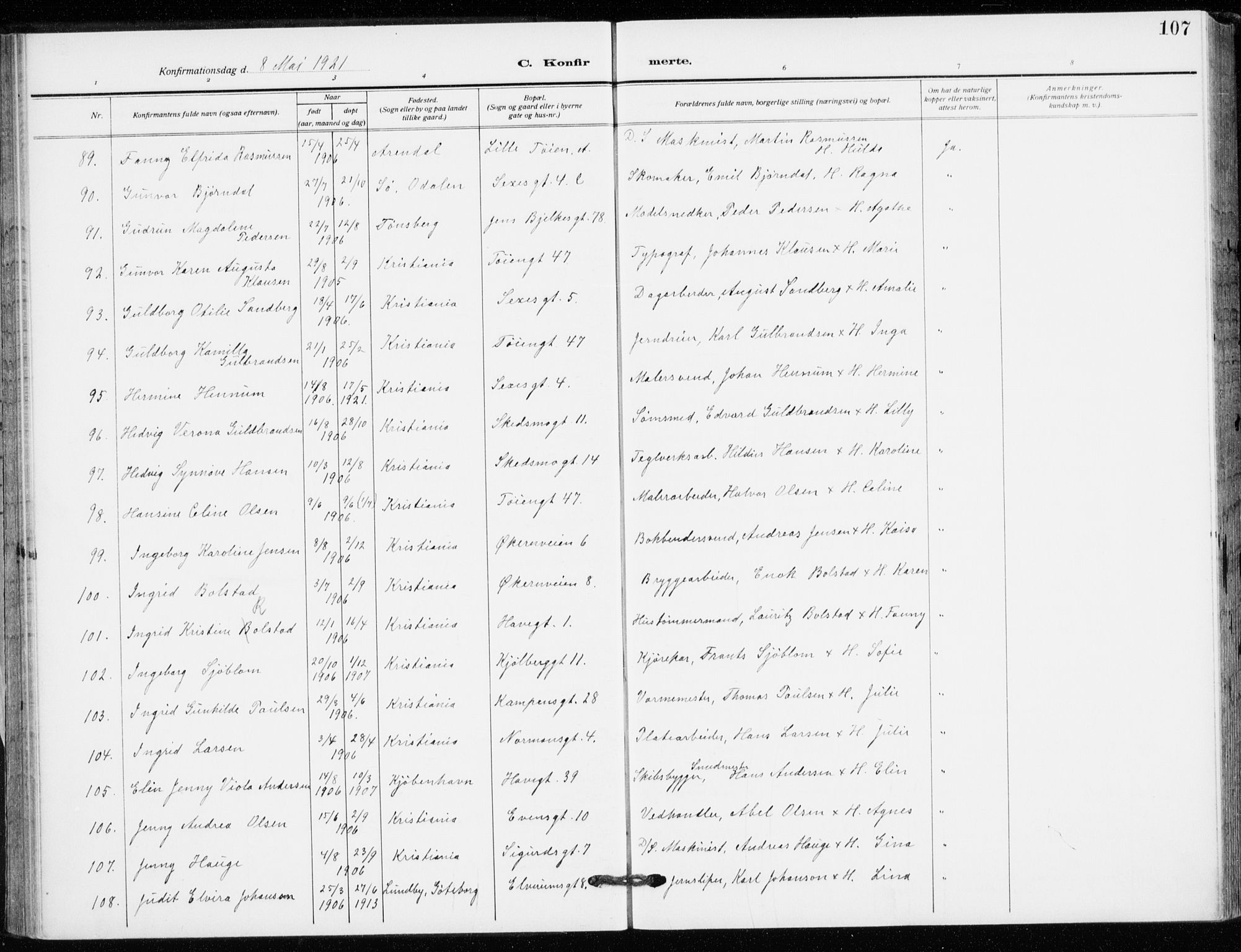 Kampen prestekontor Kirkebøker, AV/SAO-A-10853/F/Fa/L0013: Ministerialbok nr. I 13, 1917-1922, s. 107