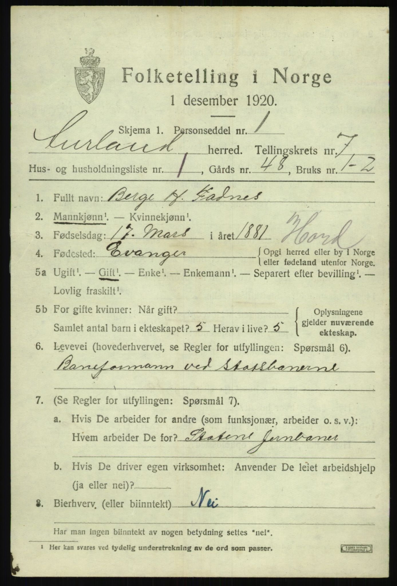 SAB, Folketelling 1920 for 1421 Aurland herred, 1920, s. 4070