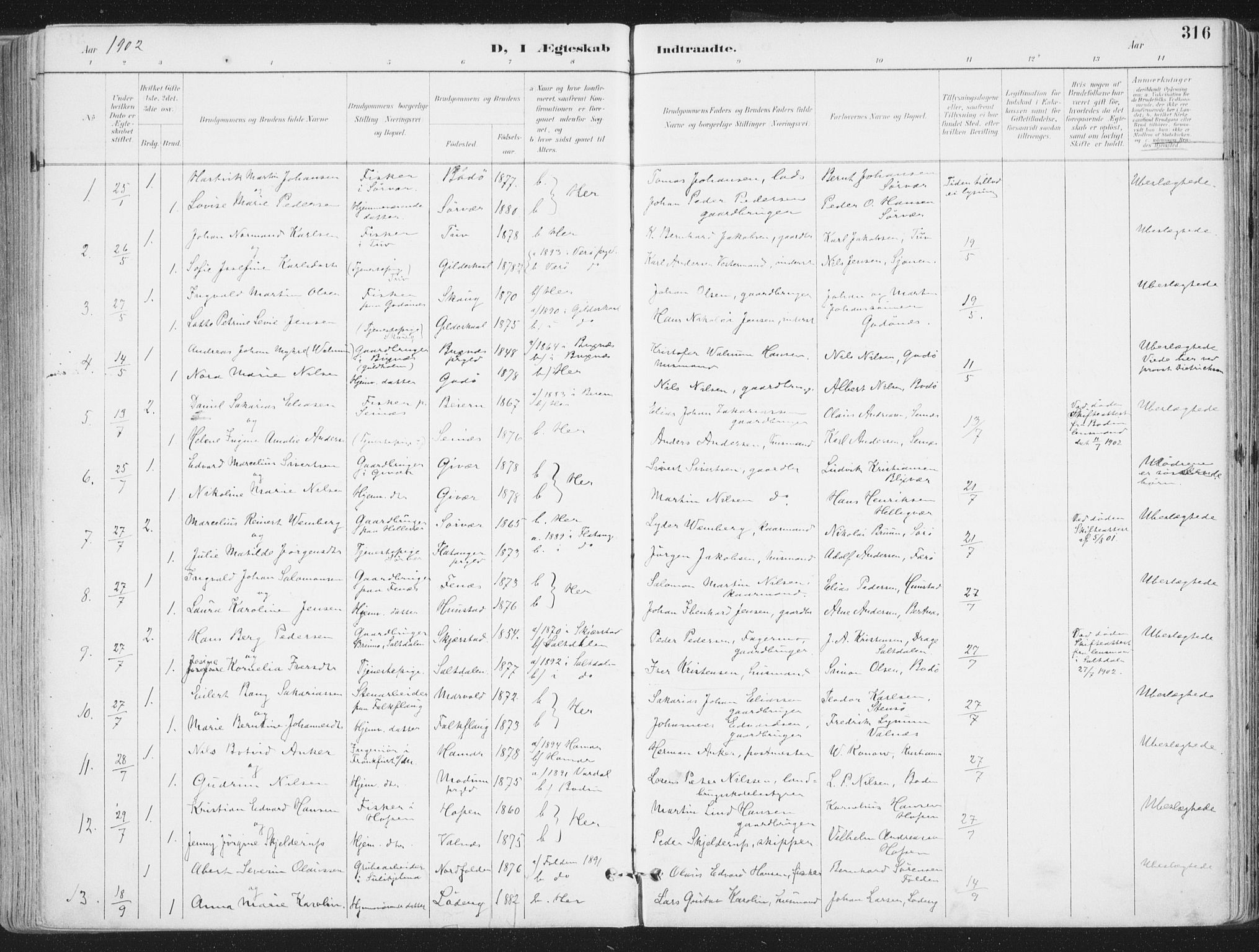 Ministerialprotokoller, klokkerbøker og fødselsregistre - Nordland, AV/SAT-A-1459/802/L0055: Ministerialbok nr. 802A02, 1894-1915, s. 316