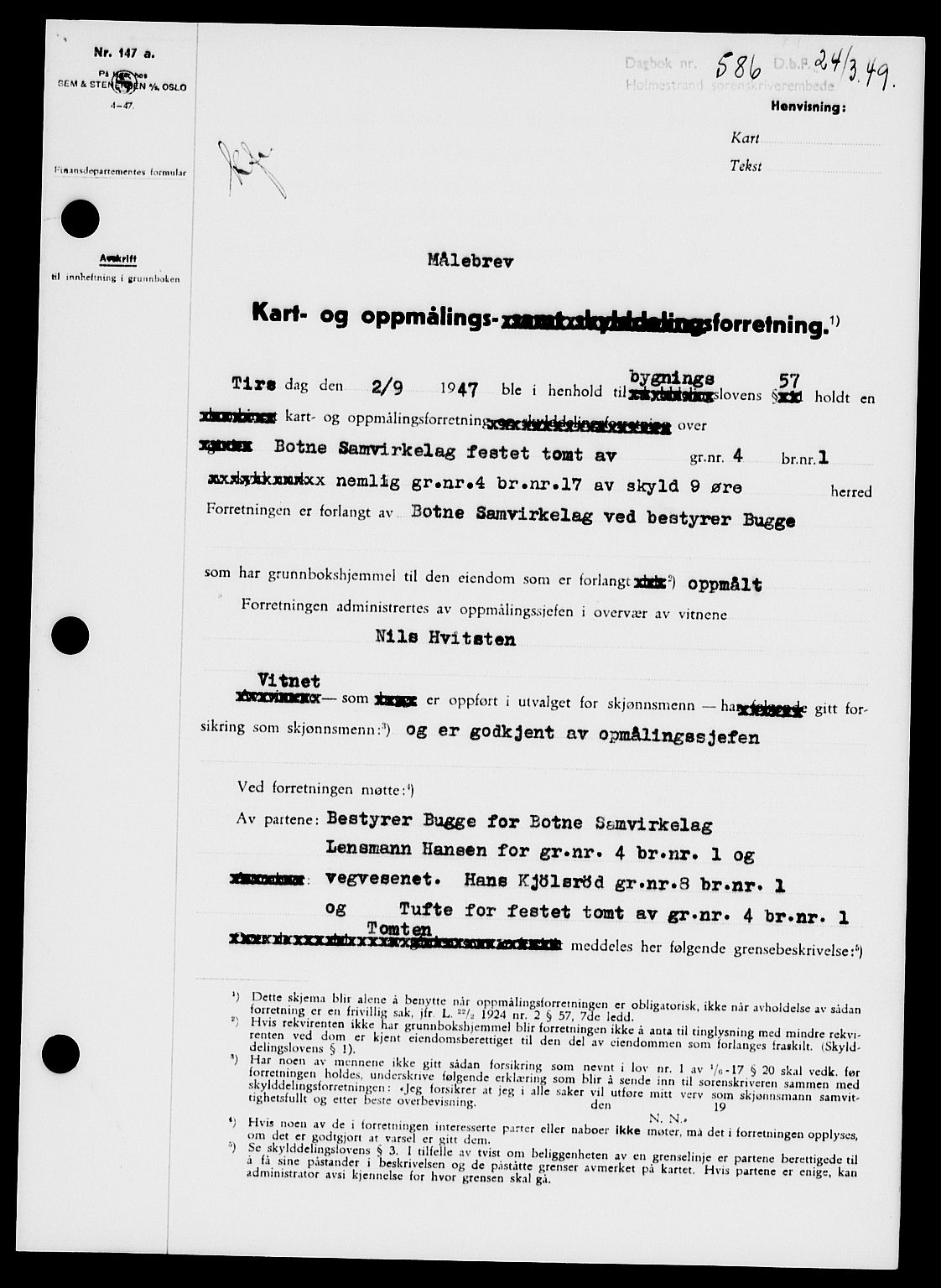 Holmestrand sorenskriveri, SAKO/A-67/G/Ga/Gaa/L0066: Pantebok nr. A-66, 1949-1949, Dagboknr: 586/1949