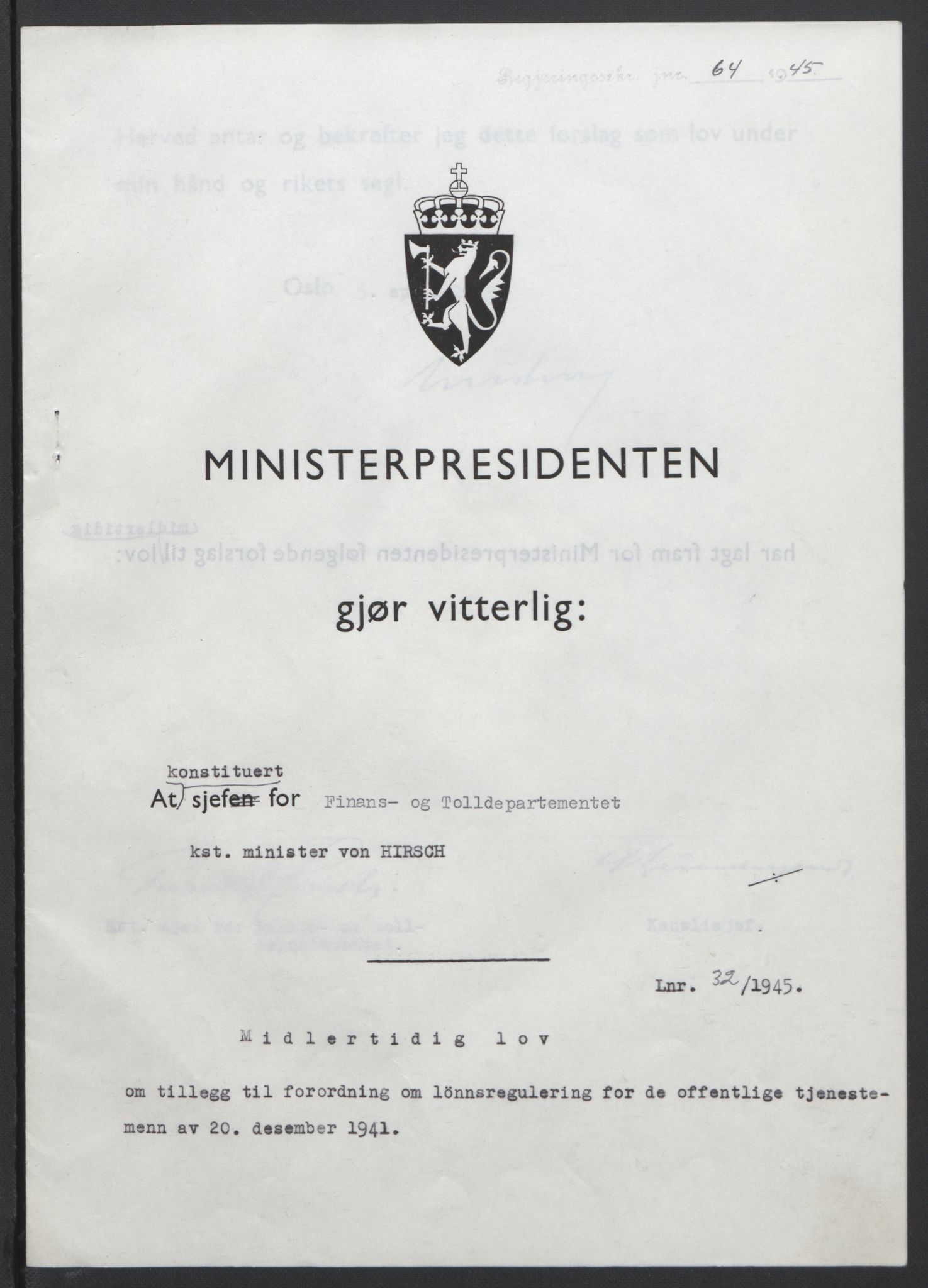 NS-administrasjonen 1940-1945 (Statsrådsekretariatet, de kommisariske statsråder mm), RA/S-4279/D/Db/L0101/0001: -- / Lover og vedtak, 1945, s. 133