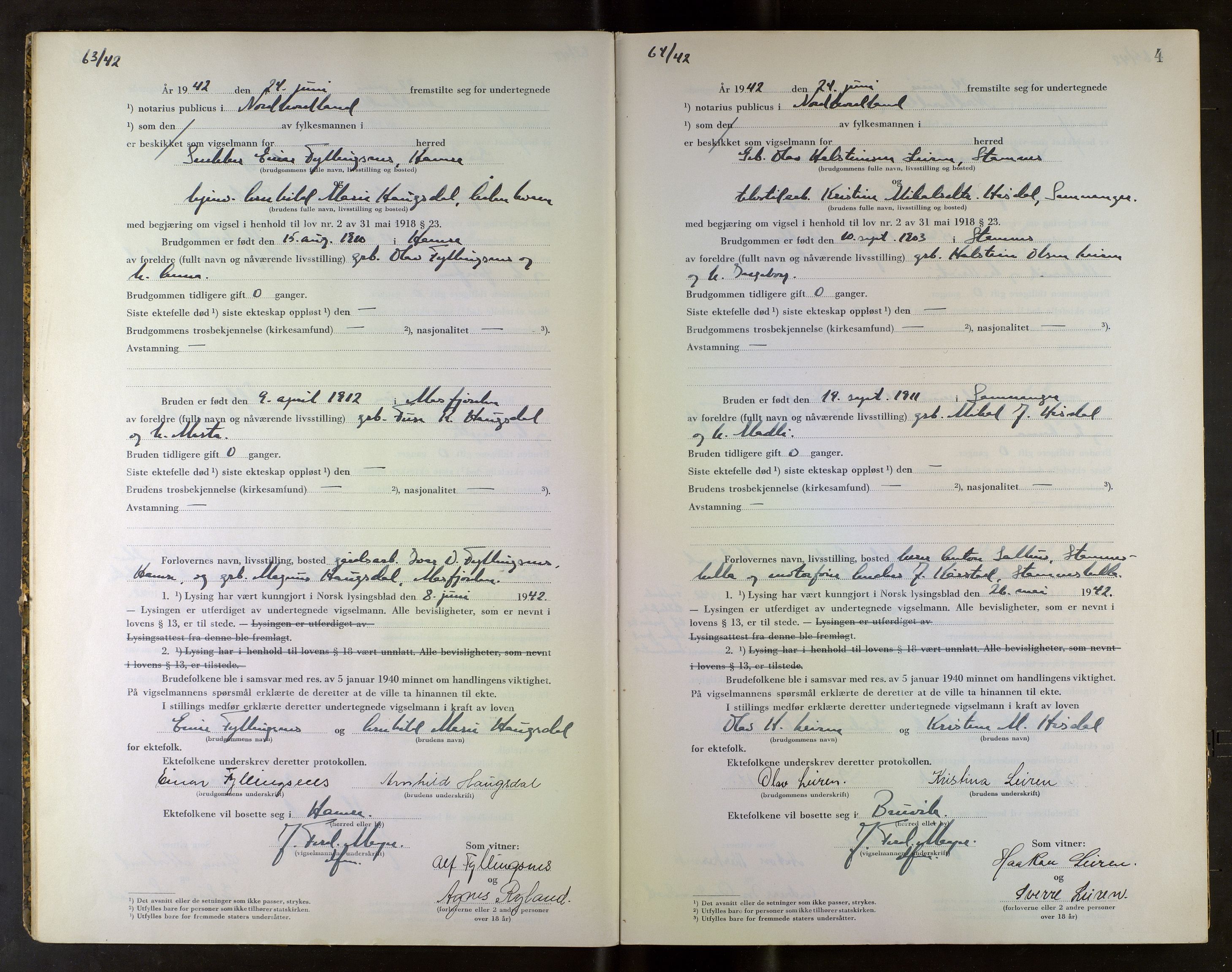 Nordhordland sorenskrivar, AV/SAB-A-2901/1/M/Mb/Mba/L0002: Vigselbøker, 1942-1943, s. 4