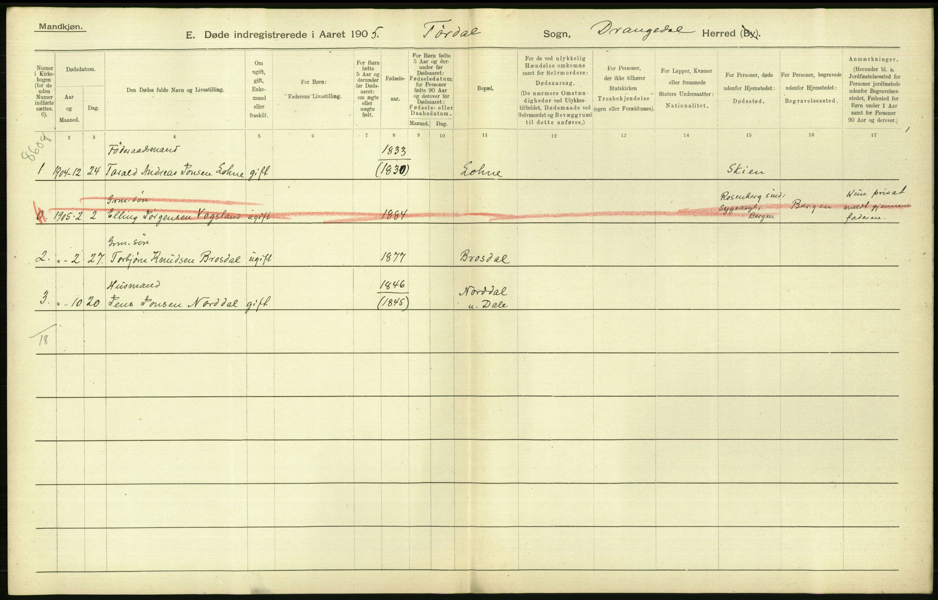 Statistisk sentralbyrå, Sosiodemografiske emner, Befolkning, RA/S-2228/D/Df/Dfa/Dfac/L0017: Bratsberg amt: Døde, dødfødte, gifte. Bygder., 1905, s. 406