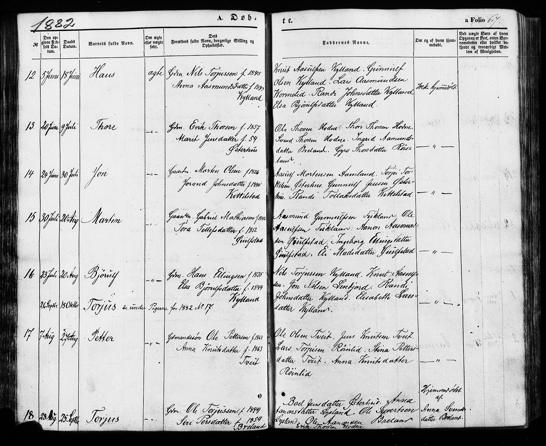 Åseral sokneprestkontor, AV/SAK-1111-0051/F/Fa/L0002: Ministerialbok nr. A 2, 1854-1884, s. 67