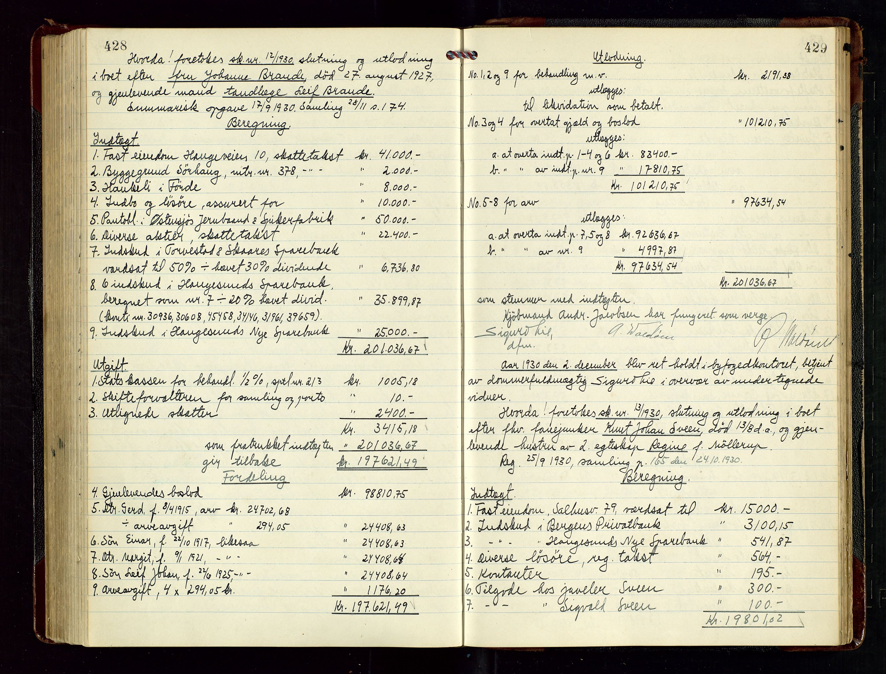 Haugesund tingrett, AV/SAST-A-101415/01/IV/IVD/L0004: Skifteutlodningsprotokoll, med register, 1924-1931, s. 428-429