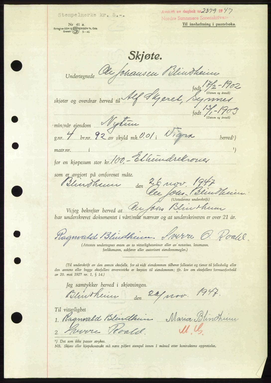 Nordre Sunnmøre sorenskriveri, AV/SAT-A-0006/1/2/2C/2Ca: Pantebok nr. A26, 1947-1948, Dagboknr: 2379/1947