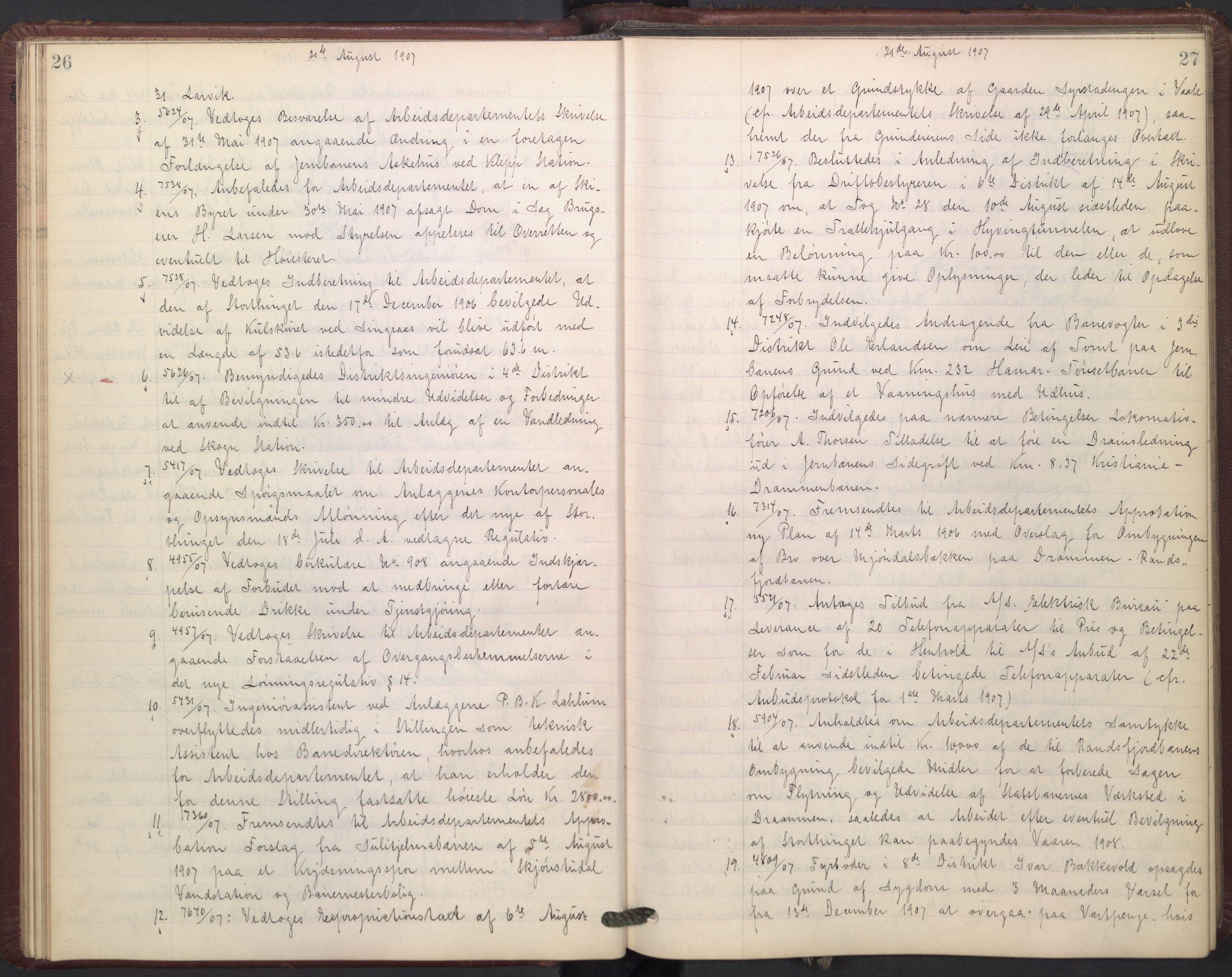 Norges statsbaner, Administrasjons- økonomi- og personalavdelingen, AV/RA-S-3412/A/Aa/L0009: Forhandlingsprotokoll, 1907-1909, s. 26-27