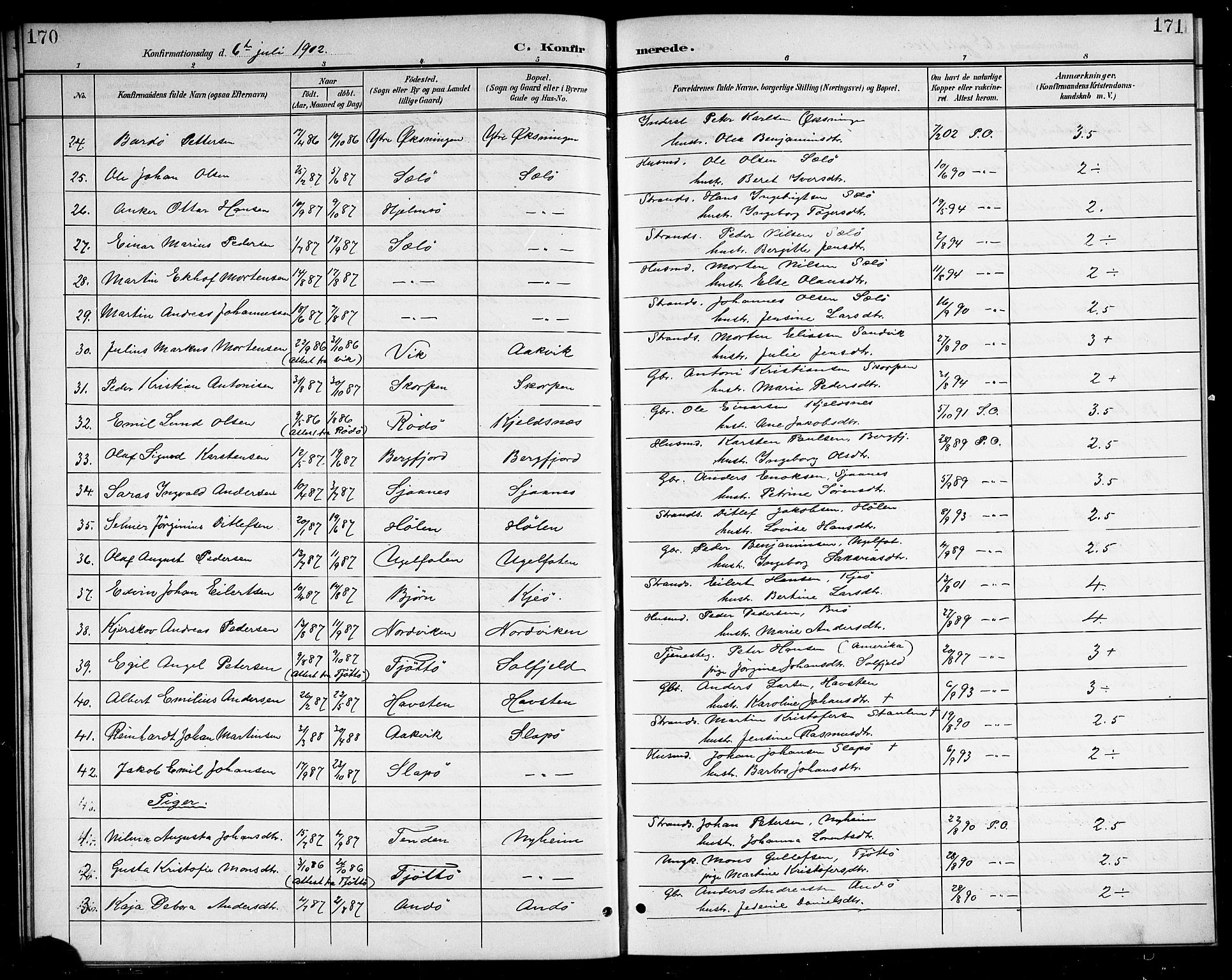 Ministerialprotokoller, klokkerbøker og fødselsregistre - Nordland, SAT/A-1459/834/L0516: Klokkerbok nr. 834C06, 1902-1918, s. 170-171