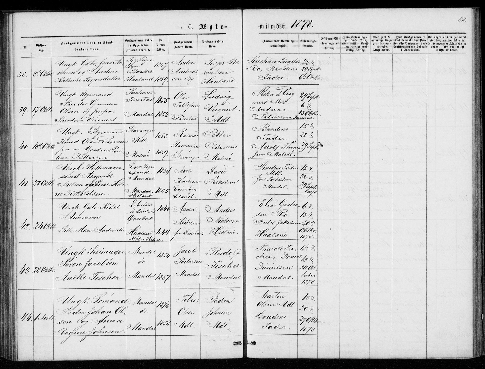 Mandal sokneprestkontor, AV/SAK-1111-0030/F/Fb/Fba/L0010: Klokkerbok nr. B 4, 1876-1880, s. 88