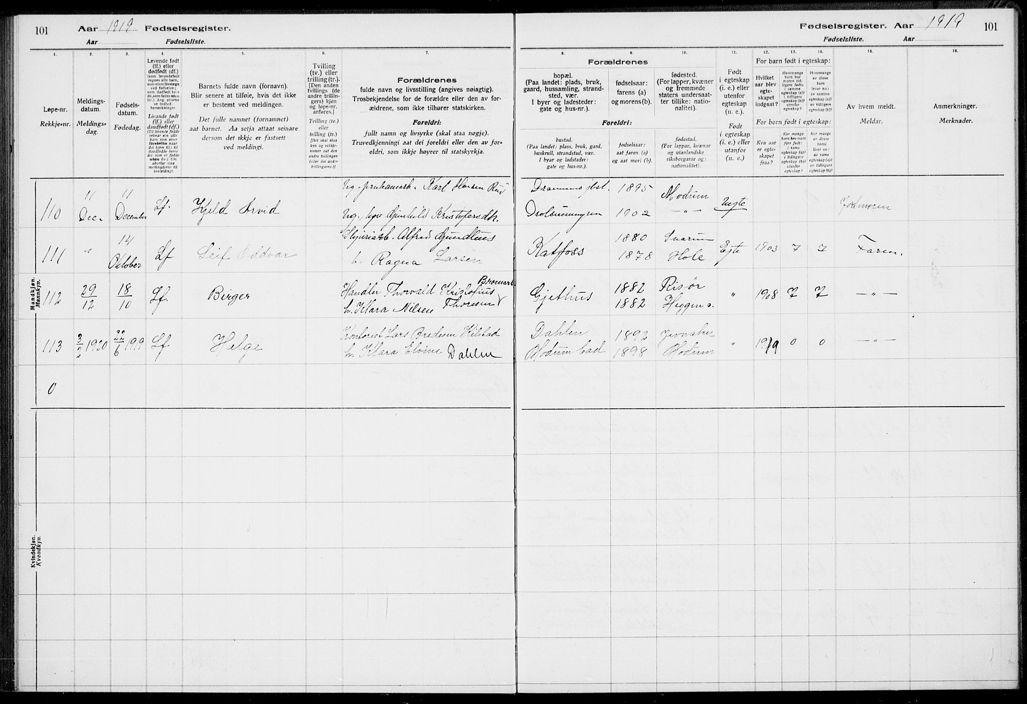 Modum kirkebøker, AV/SAKO-A-234/J/Ja/L0001: Fødselsregister nr. I 1, 1916-1923, s. 101