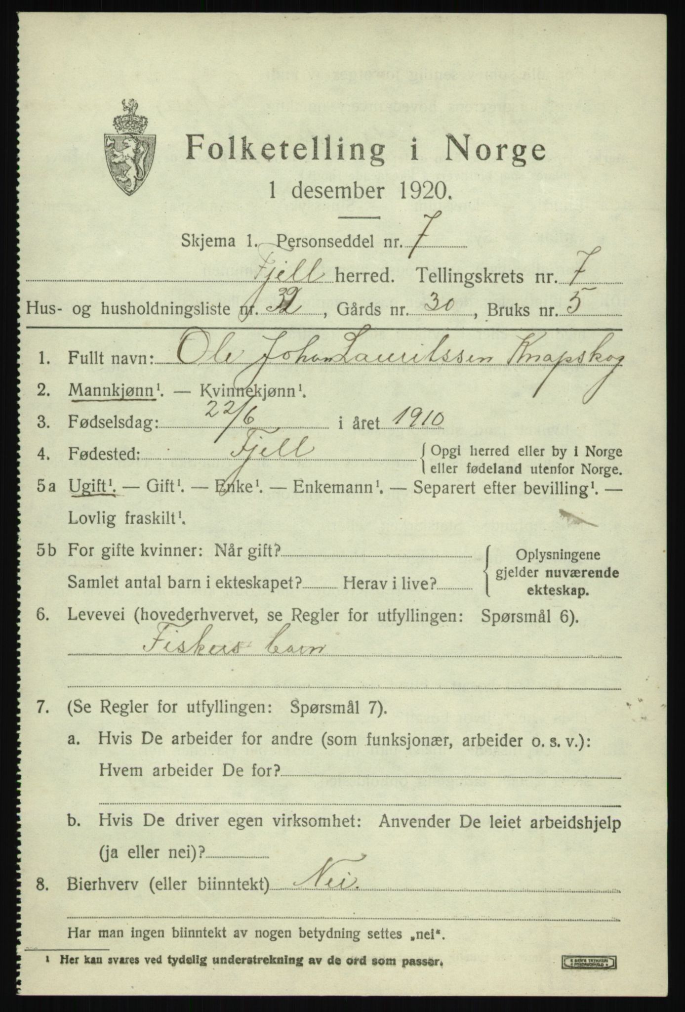 SAB, Folketelling 1920 for 1246 Fjell herred, 1920, s. 6824