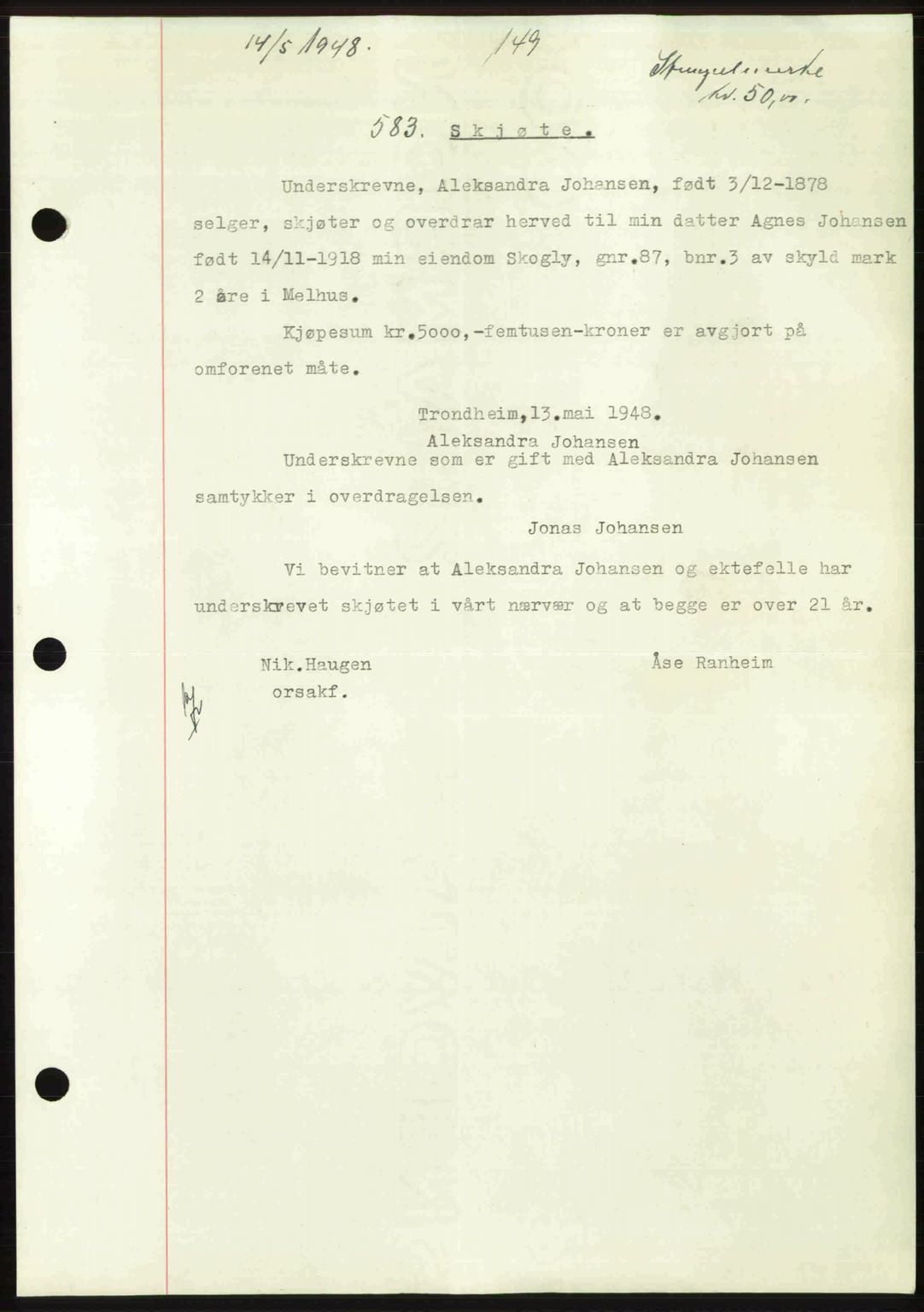 Gauldal sorenskriveri, SAT/A-0014/1/2/2C: Pantebok nr. A5, 1947-1948, Dagboknr: 583/1948