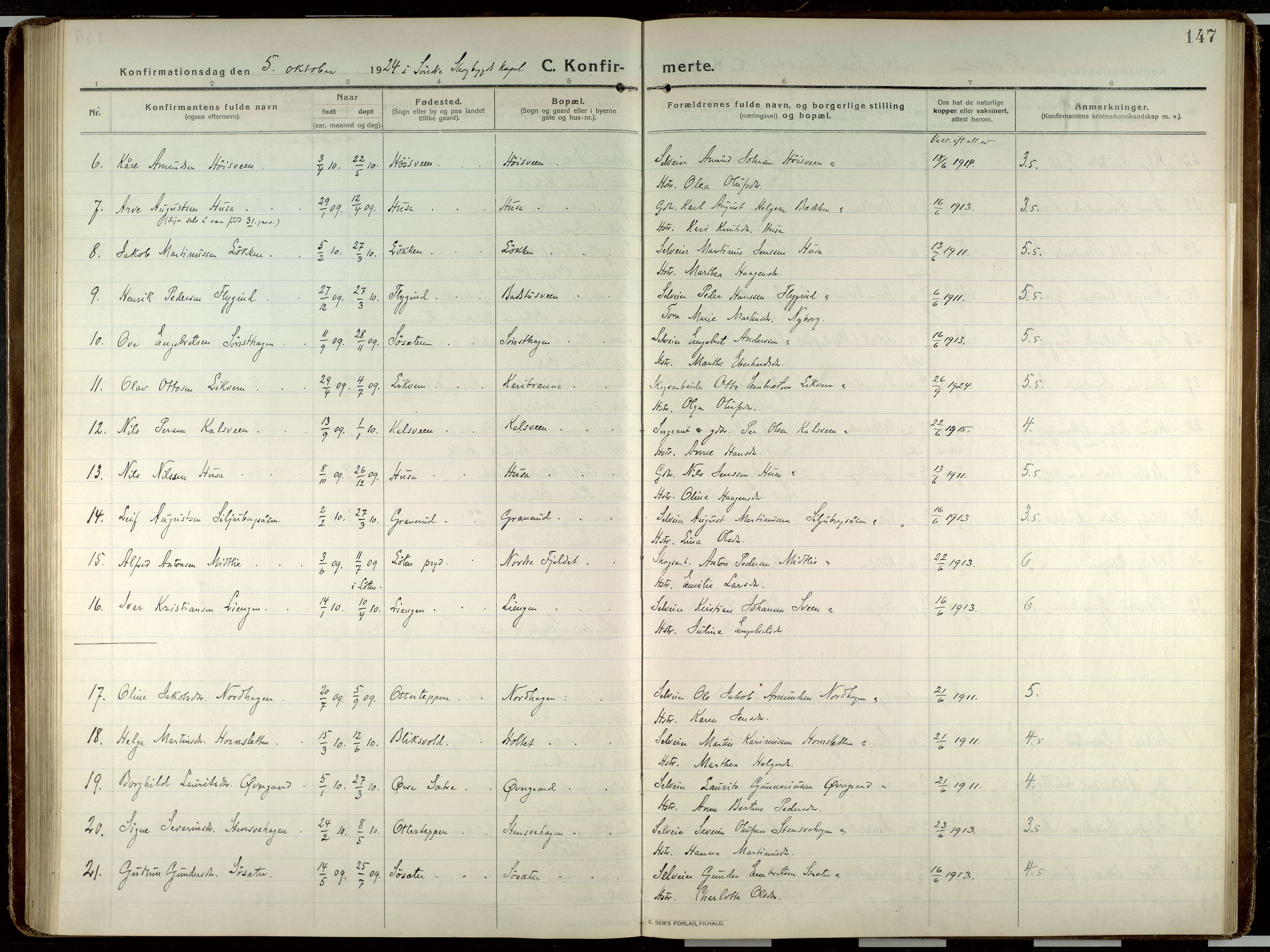 Elverum prestekontor, AV/SAH-PREST-044/H/Ha/Haa/L0023: Ministerialbok nr. 23, 1914-1929, s. 147