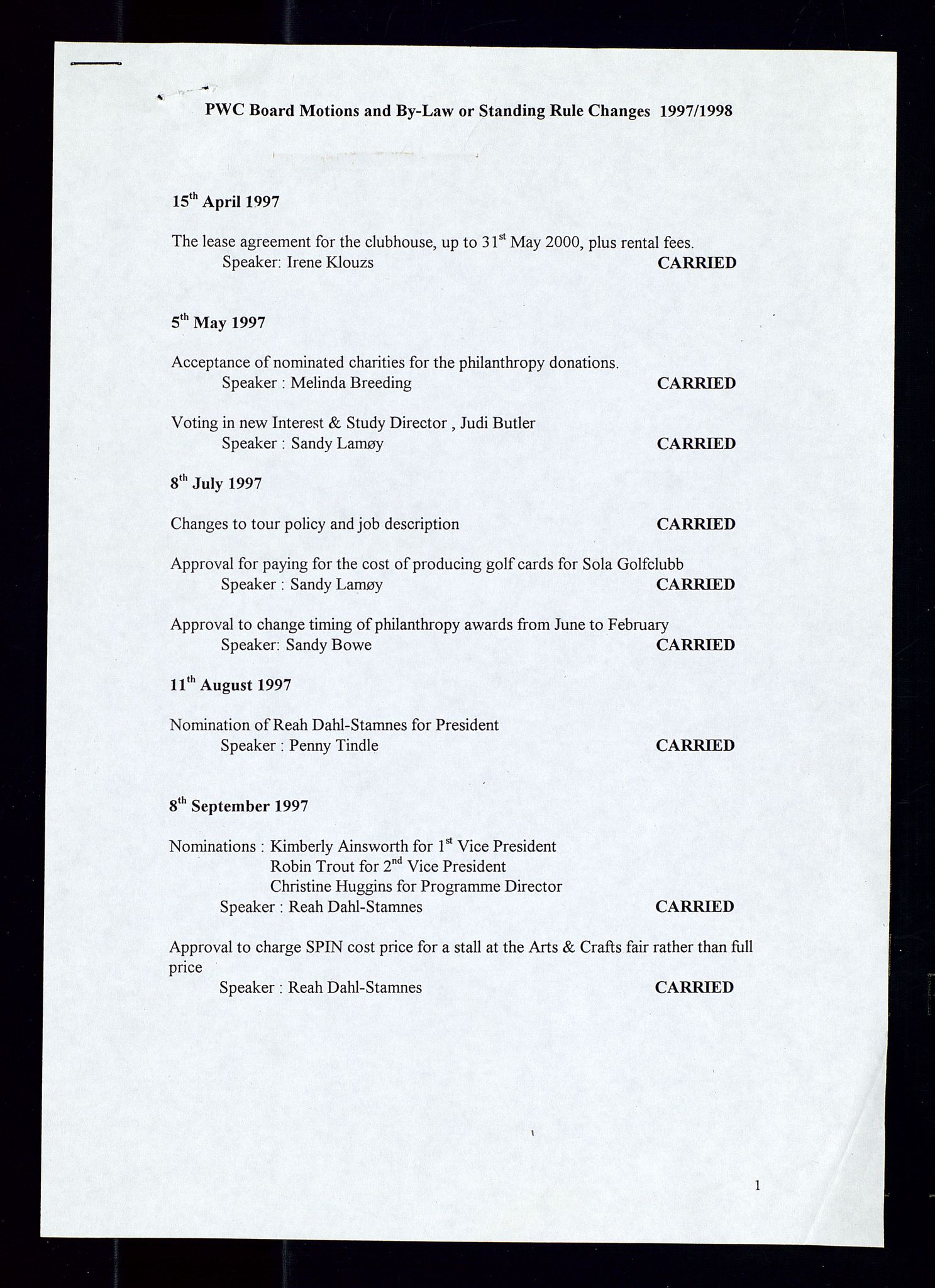 PA 1547 - Petroleum Wives Club, AV/SAST-A-101974/A/Aa/L0003: Board and General Meeting, 1994-1998