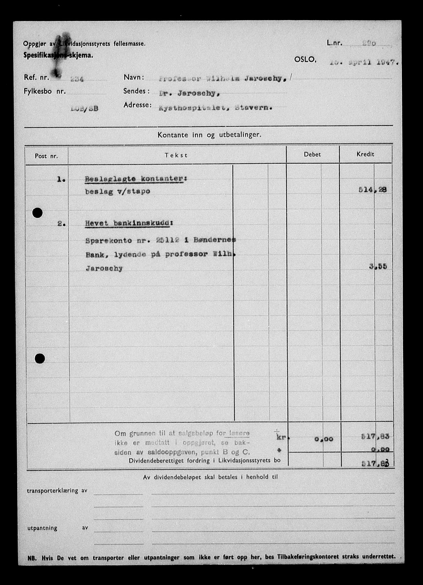 Justisdepartementet, Tilbakeføringskontoret for inndratte formuer, AV/RA-S-1564/H/Hc/Hcc/L0947: --, 1945-1947, s. 264