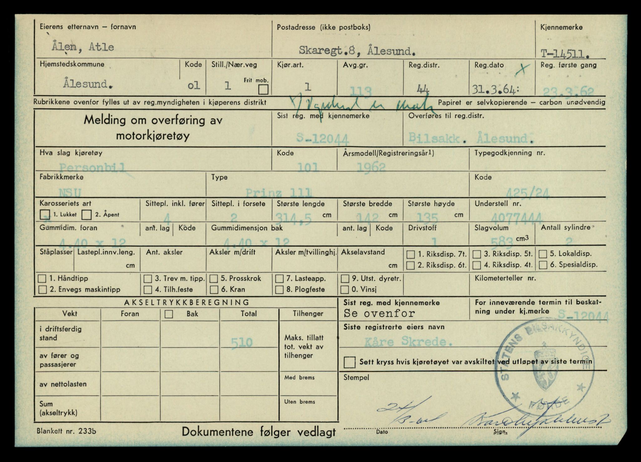 Møre og Romsdal vegkontor - Ålesund trafikkstasjon, AV/SAT-A-4099/F/Fe/L0046: Registreringskort for kjøretøy T 14445 - T 14579, 1927-1998