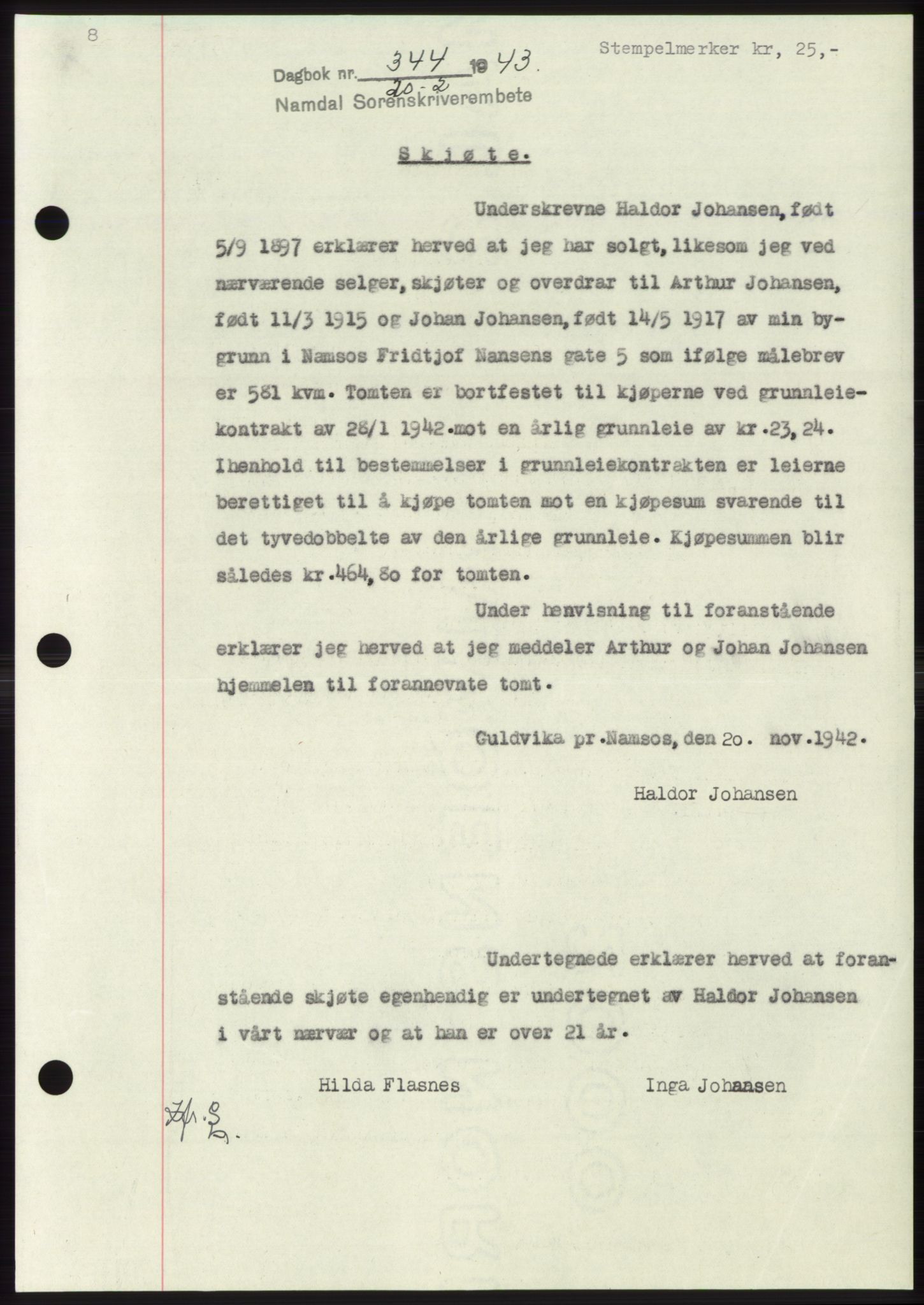 Namdal sorenskriveri, SAT/A-4133/1/2/2C: Pantebok nr. -, 1942-1943, Dagboknr: 344/1943
