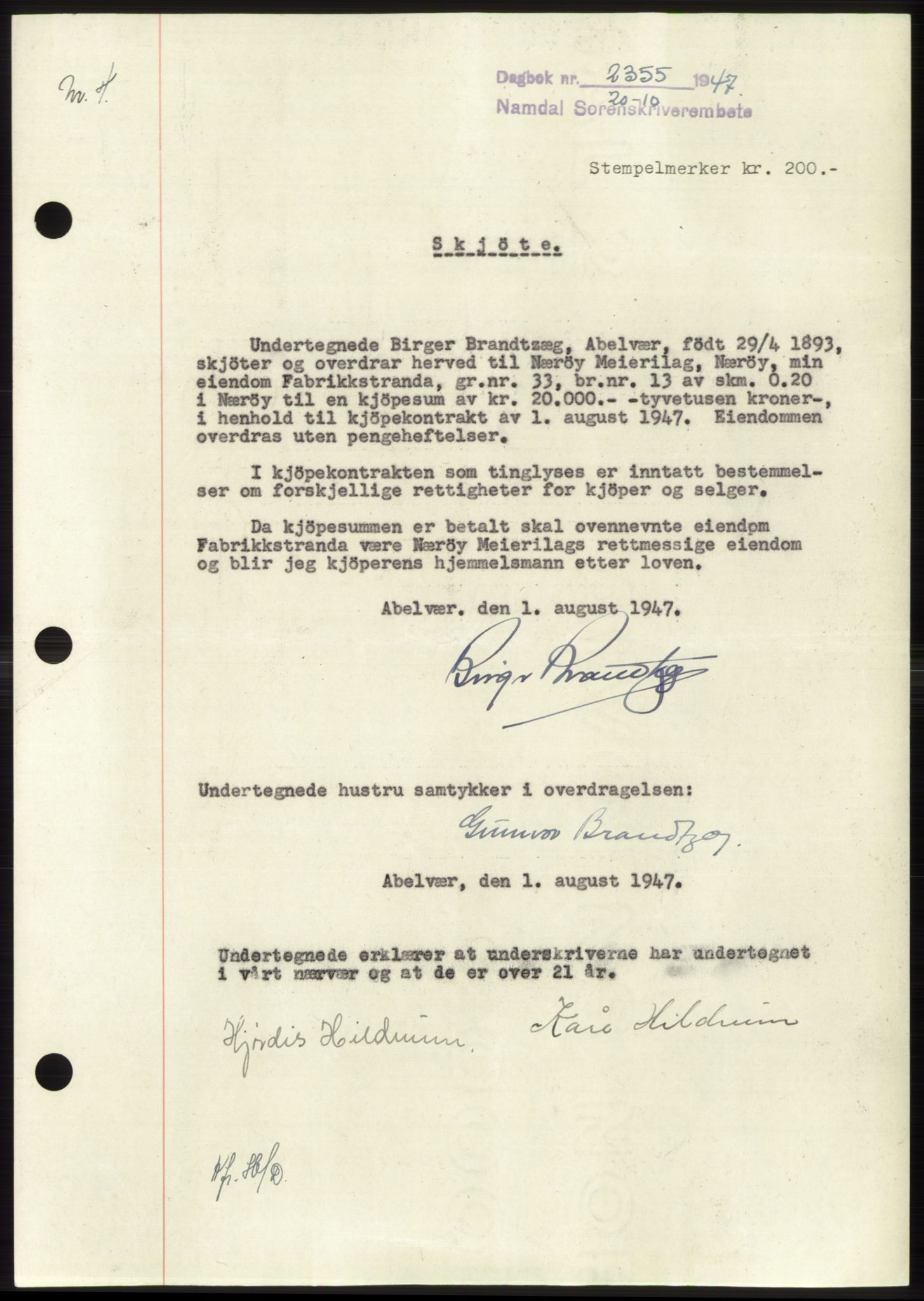 Namdal sorenskriveri, SAT/A-4133/1/2/2C: Pantebok nr. -, 1947-1947, Dagboknr: 2355/1947