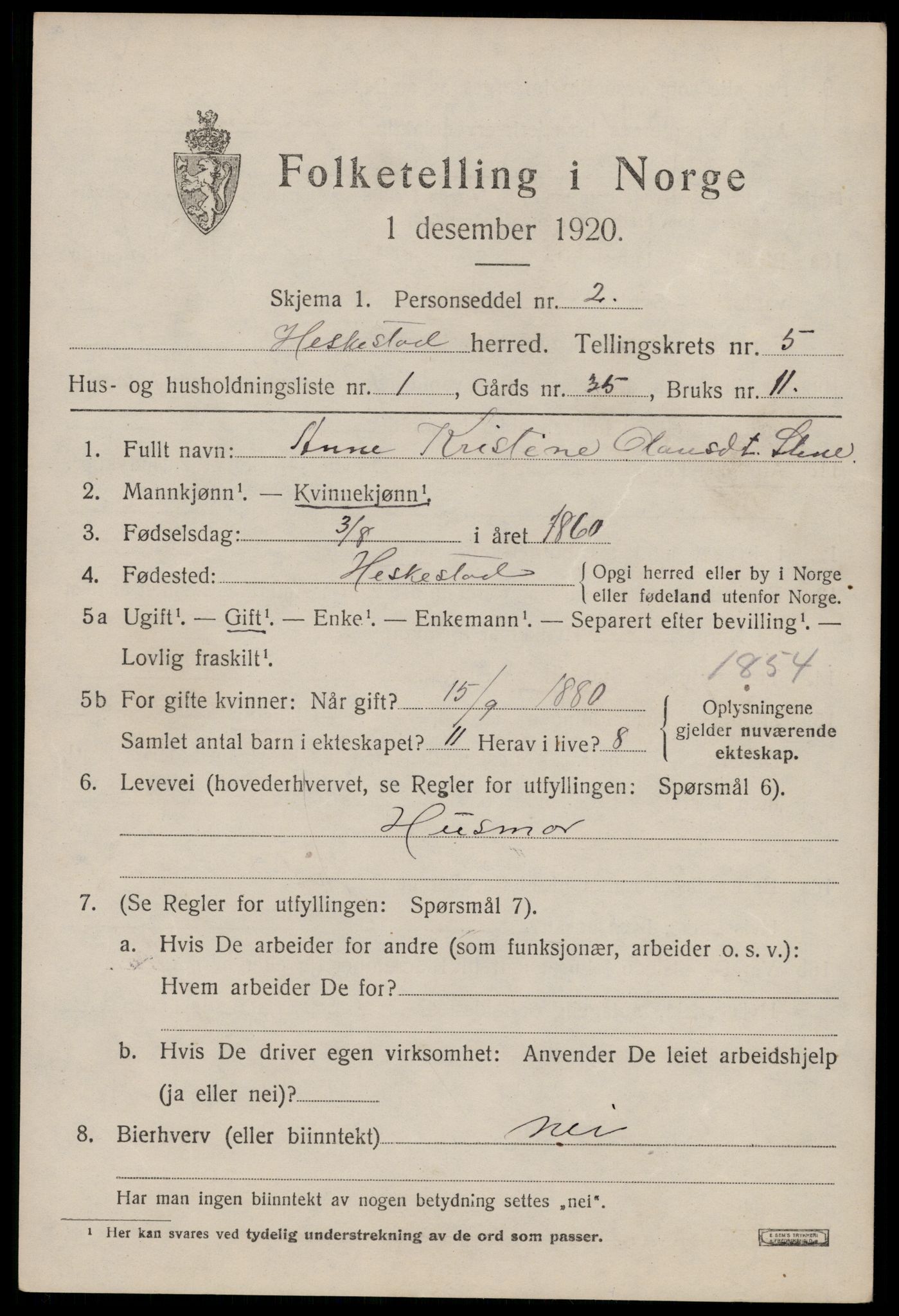 SAST, Folketelling 1920 for 1113 Heskestad herred, 1920, s. 1831