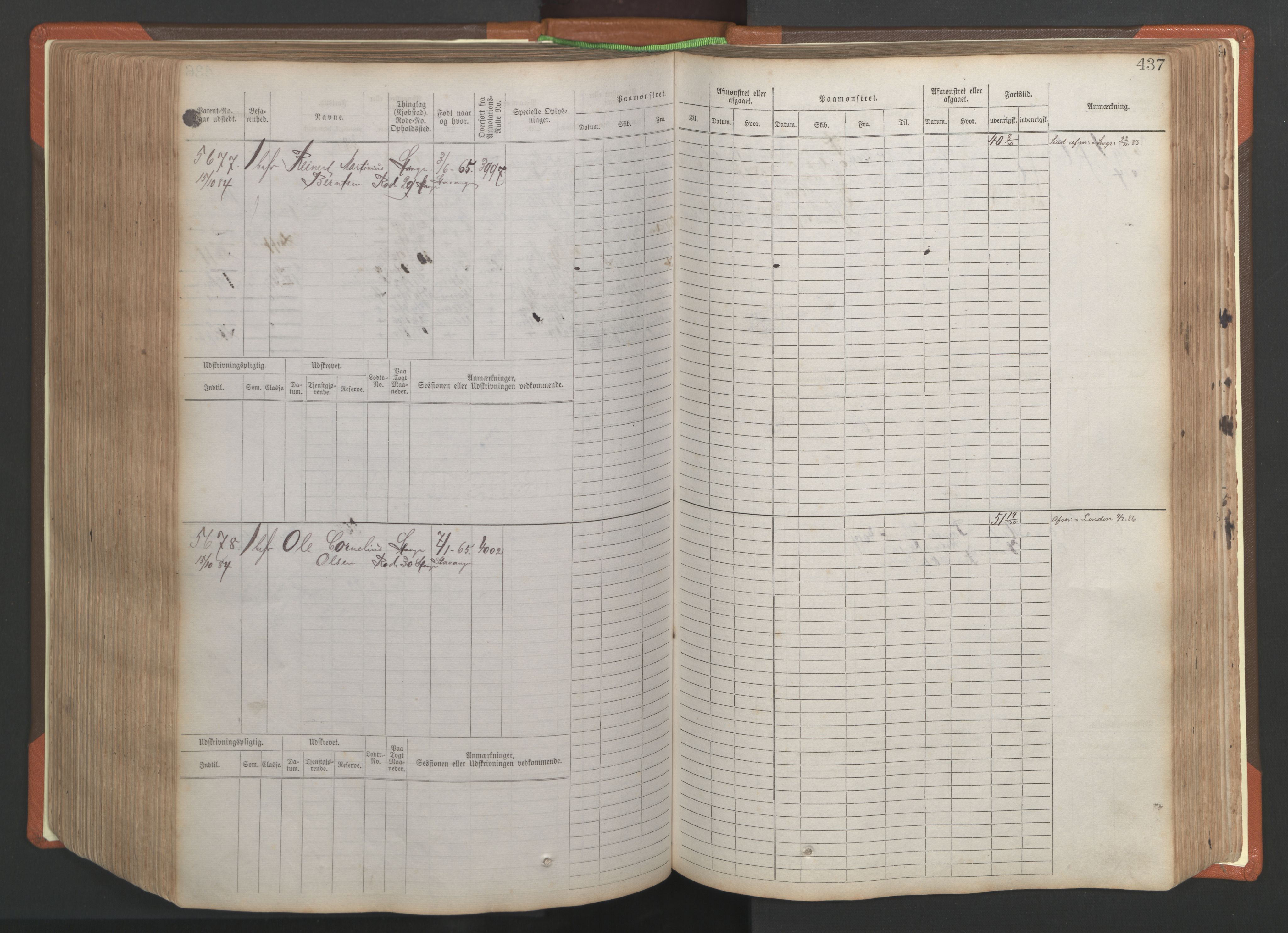 Stavanger sjømannskontor, AV/SAST-A-102006/F/Fb/Fbb/L0009: Sjøfartshovedrulle, patentnr. 4805-6006, 1879-1887, s. 443