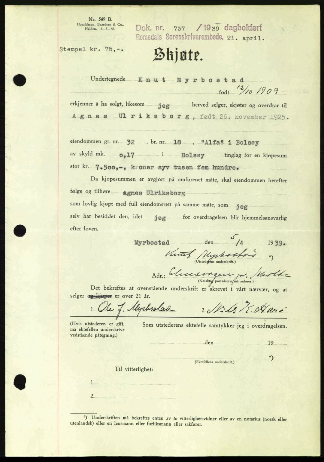 Romsdal sorenskriveri, AV/SAT-A-4149/1/2/2C: Pantebok nr. A6, 1938-1939, Dagboknr: 737/1939