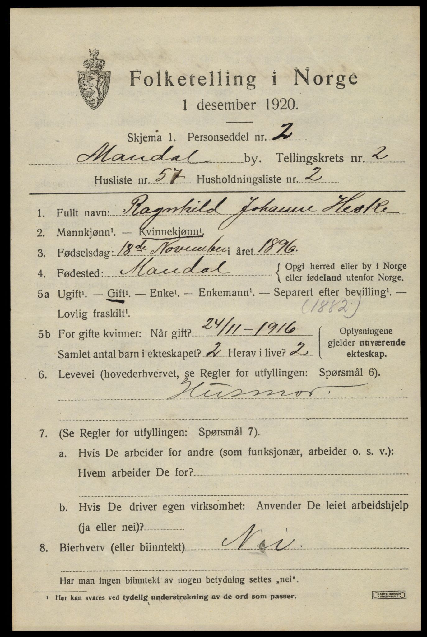 SAK, Folketelling 1920 for 1002 Mandal ladested, 1920, s. 4745