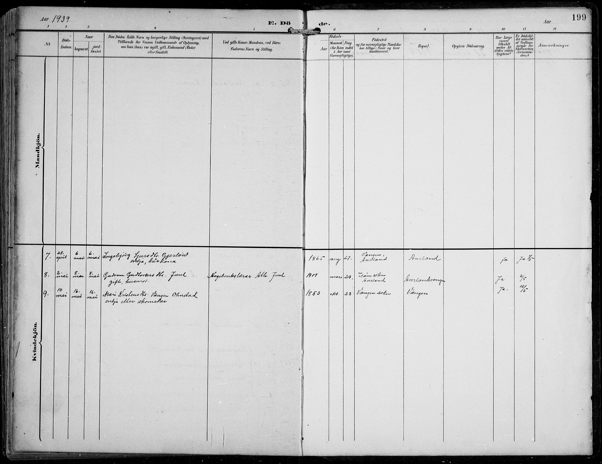 Aurland sokneprestembete, AV/SAB-A-99937/H/Hb/Hba/L0003: Klokkerbok nr. A 3, 1896-1939, s. 199