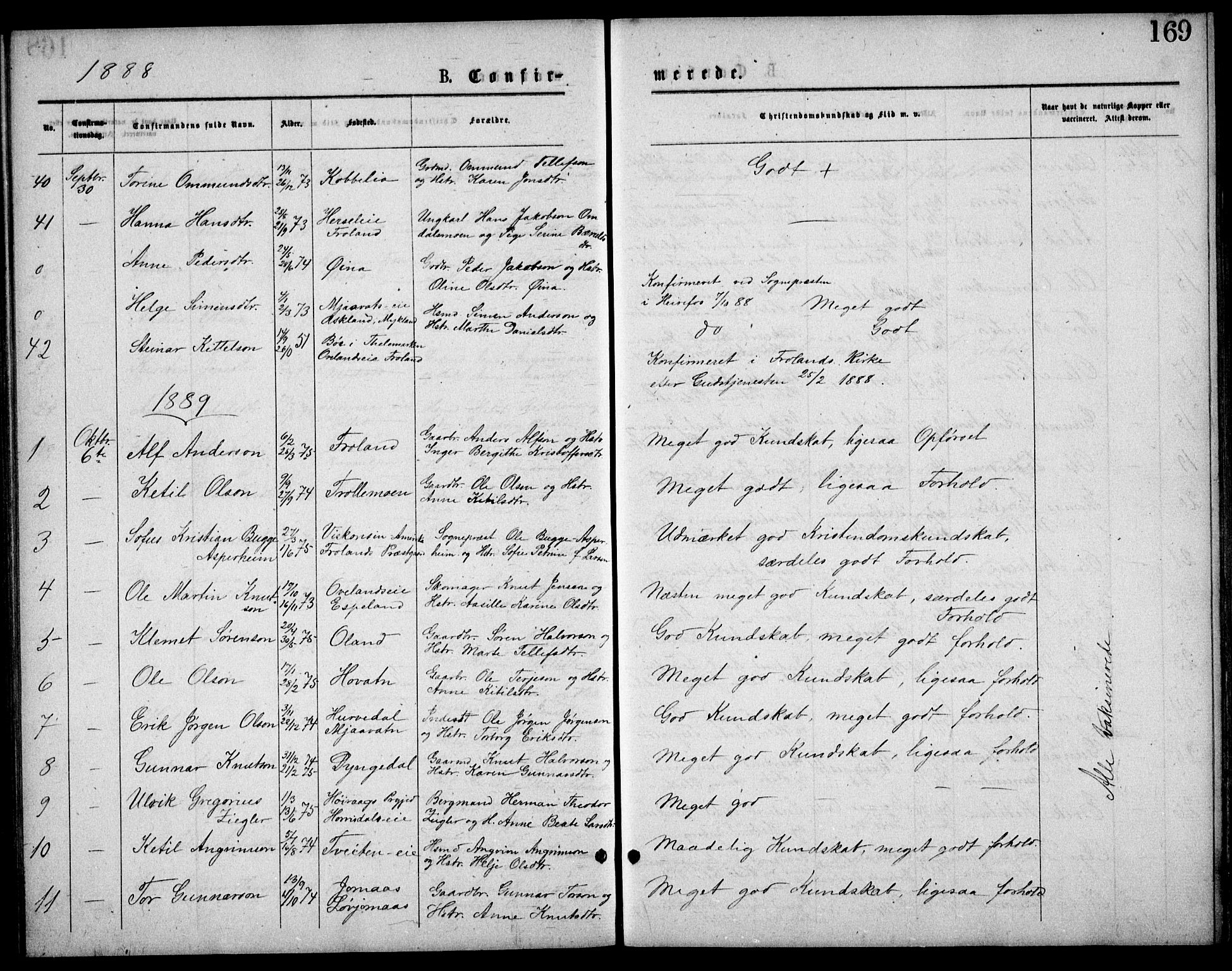 Froland sokneprestkontor, AV/SAK-1111-0013/F/Fb/L0009: Klokkerbok nr. B 9, 1875-1893, s. 169