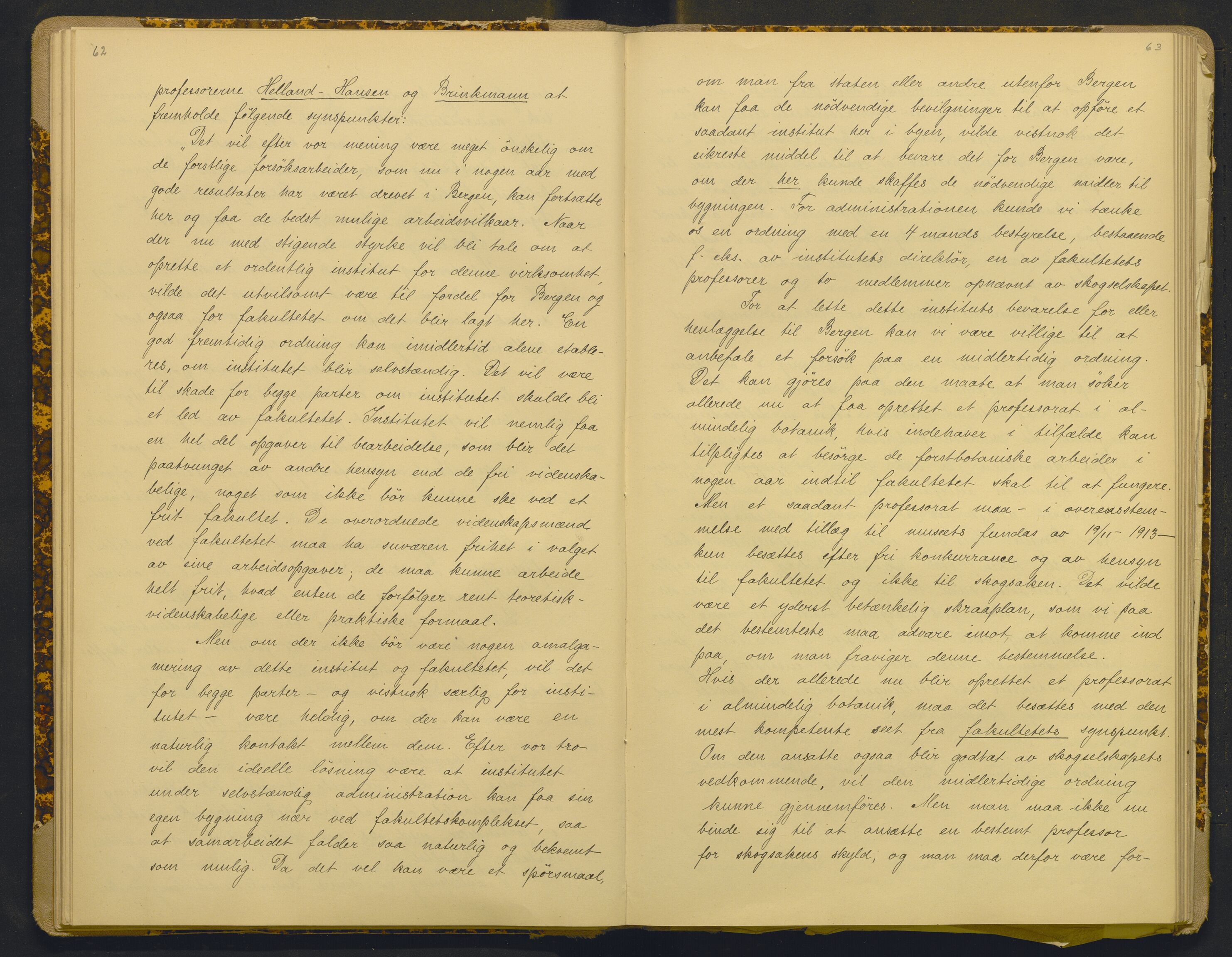 Bergens Museum, AV/SAB-A-17301/18/A/L0001: Bestyrerkollegiets forhandlingsprotokoll med register , 1907-1927, s. 62-63