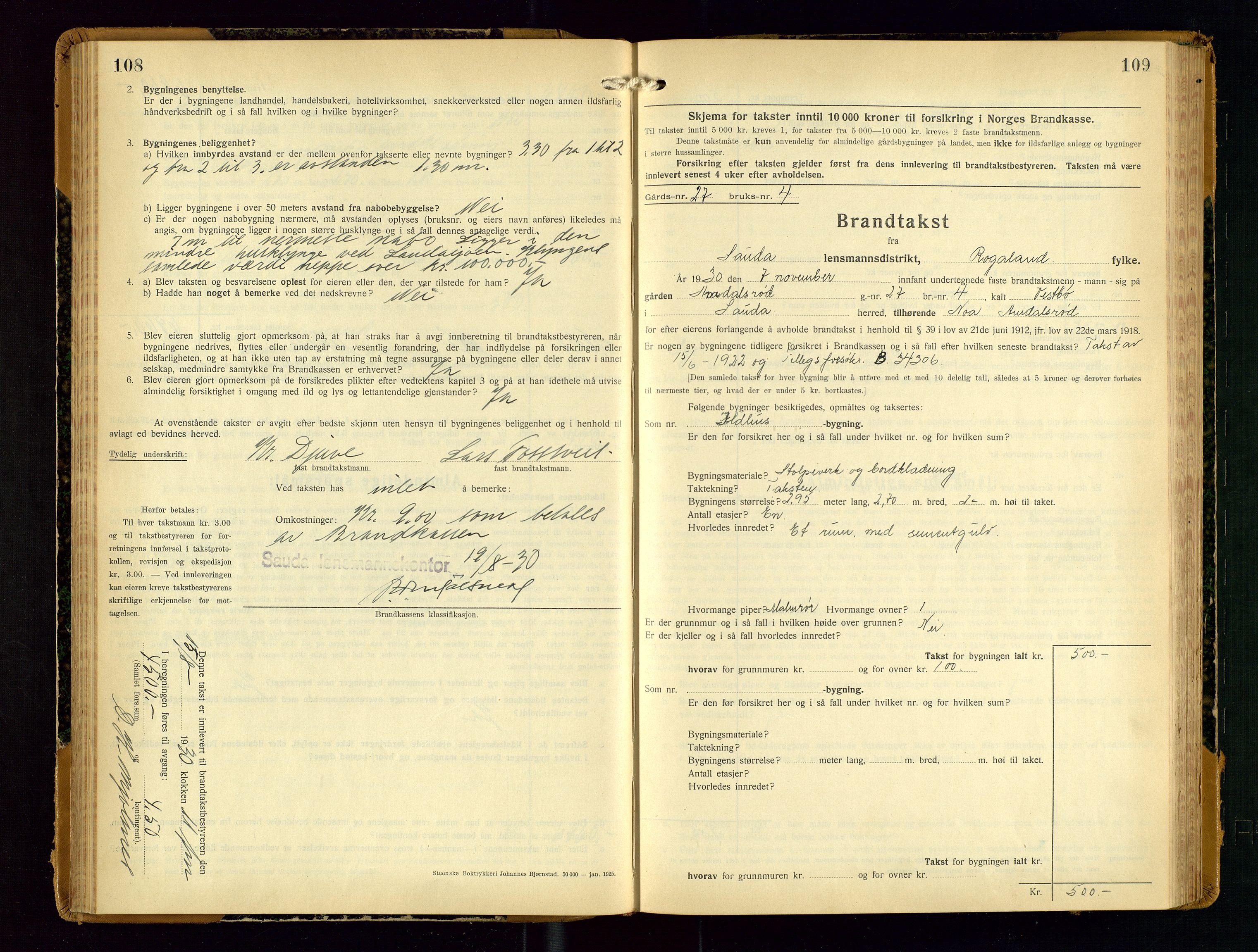 Sauda lensmannskontor, AV/SAST-A-100177/Gob/L0003: Branntakstprotokoll - skjematakst, 1928-1936, s. 108-109