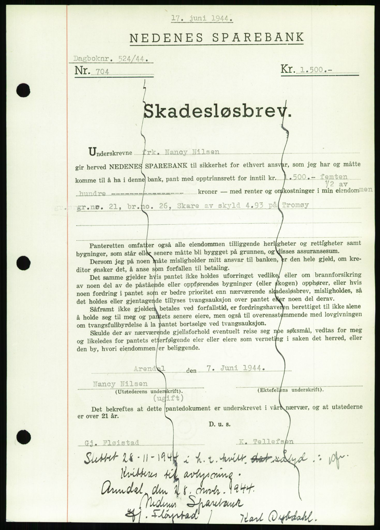 Nedenes sorenskriveri, SAK/1221-0006/G/Gb/Gbb/L0002: Pantebok nr. II, 1942-1945, Dagboknr: 524/1944