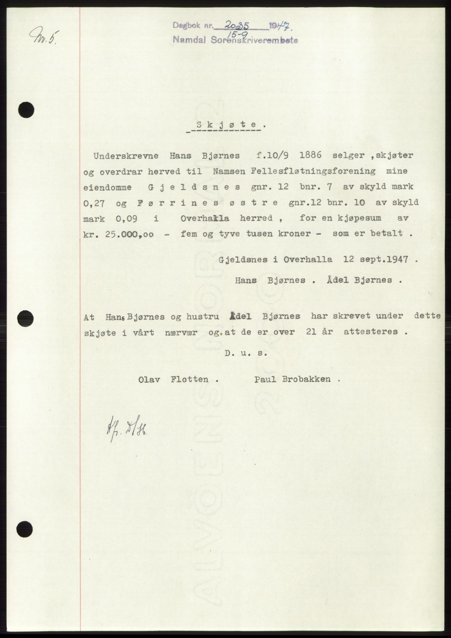Namdal sorenskriveri, SAT/A-4133/1/2/2C: Pantebok nr. -, 1947-1947, Dagboknr: 2035/1947