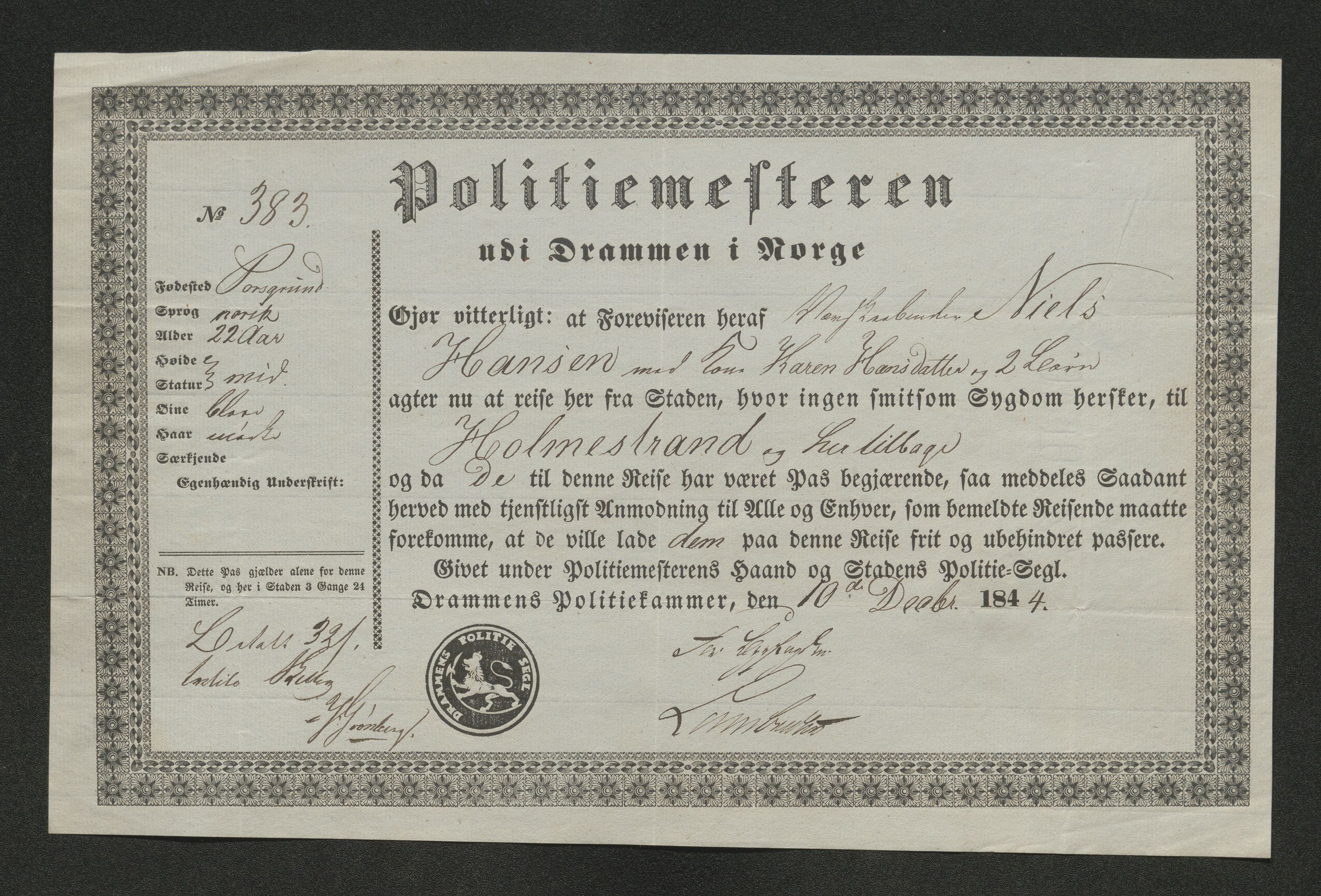 Drammen politikammer, AV/SAKO-A-623/I/Ia/Iab/L0007: Innleverte pass, 1843-1844, s. 803