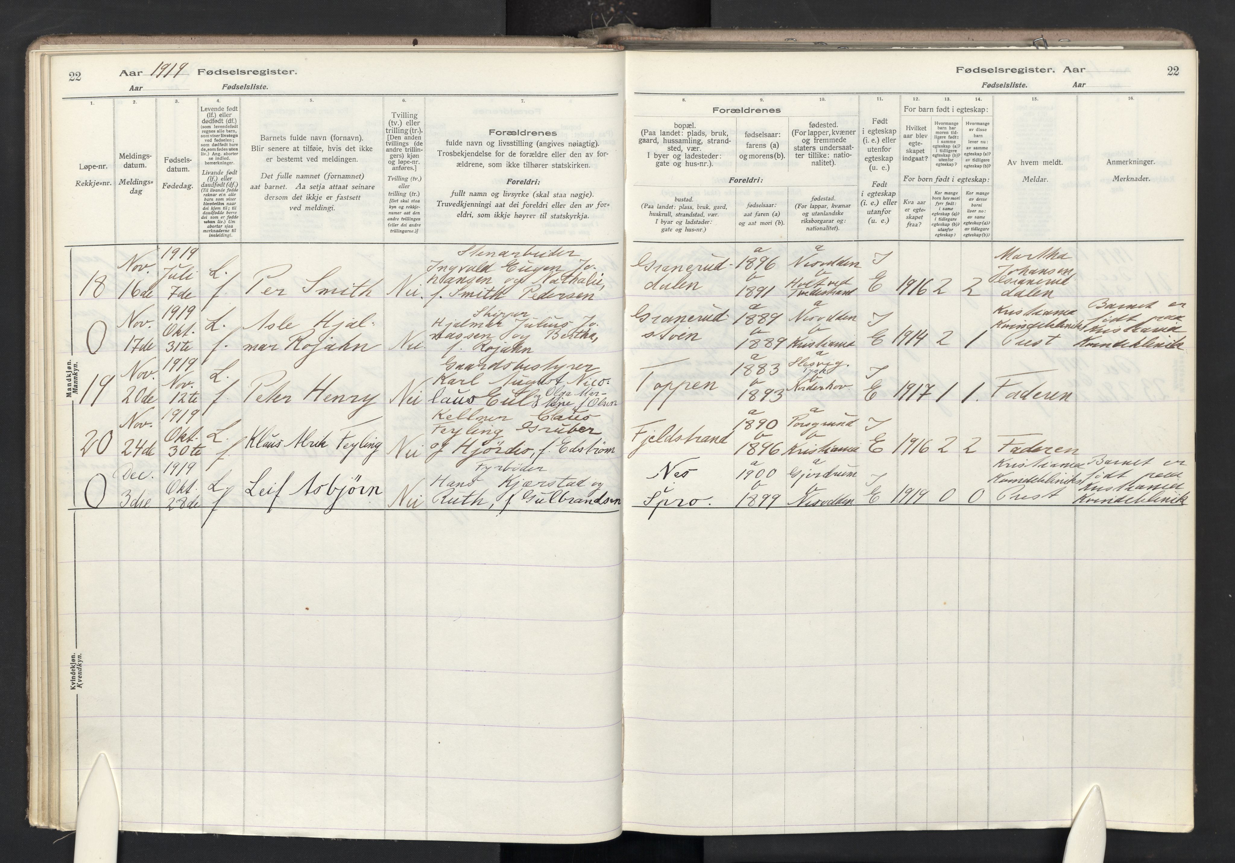 Nesodden prestekontor Kirkebøker, AV/SAO-A-10013/J/Ja/L0001: Fødselsregister nr. I 1, 1916-1946, s. 22