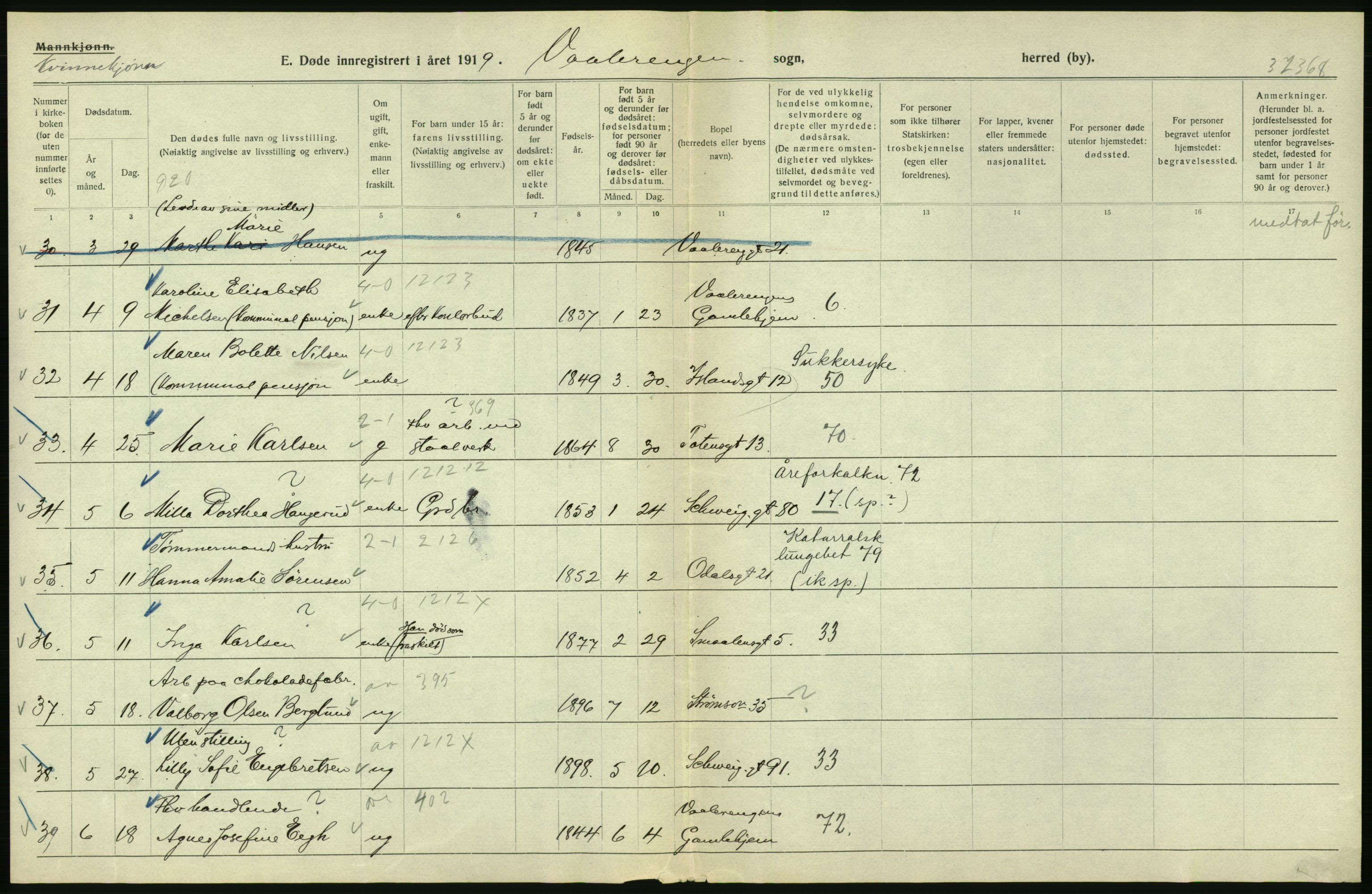 Statistisk sentralbyrå, Sosiodemografiske emner, Befolkning, RA/S-2228/D/Df/Dfb/Dfbi/L0010: Kristiania: Døde, 1919, s. 418