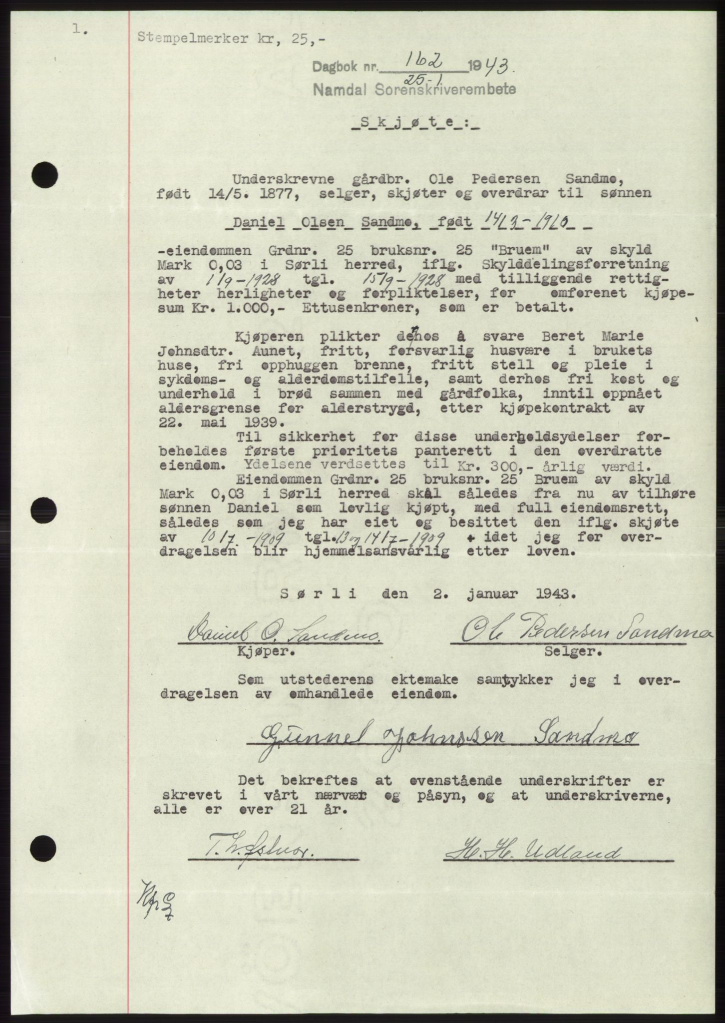 Namdal sorenskriveri, SAT/A-4133/1/2/2C: Pantebok nr. -, 1942-1943, Dagboknr: 162/1943