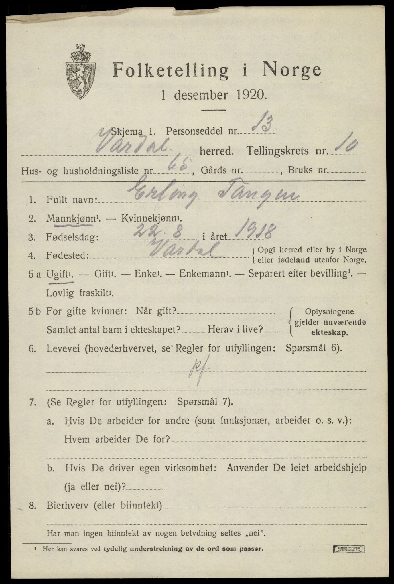 SAH, Folketelling 1920 for 0527 Vardal herred, 1920, s. 9591