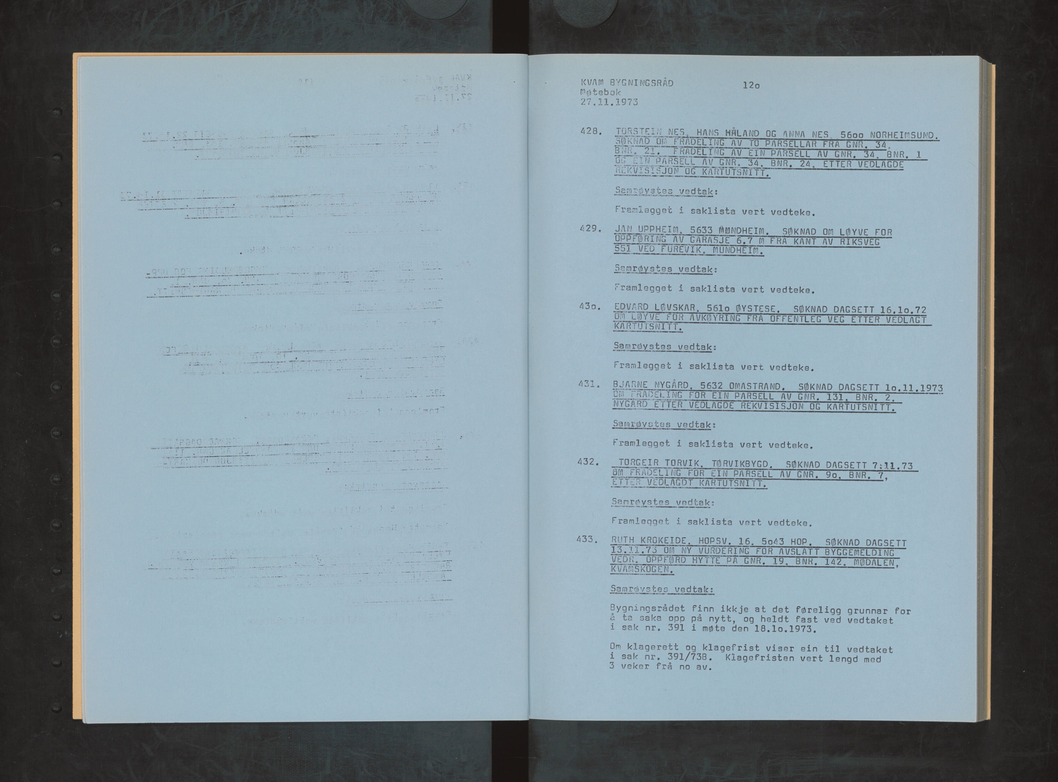 Kvam herad. Bygningsrådet, IKAH/1238-511/A/Ab/L0035: Utskrift av møtebok for Kvam bygningsråd, 1973