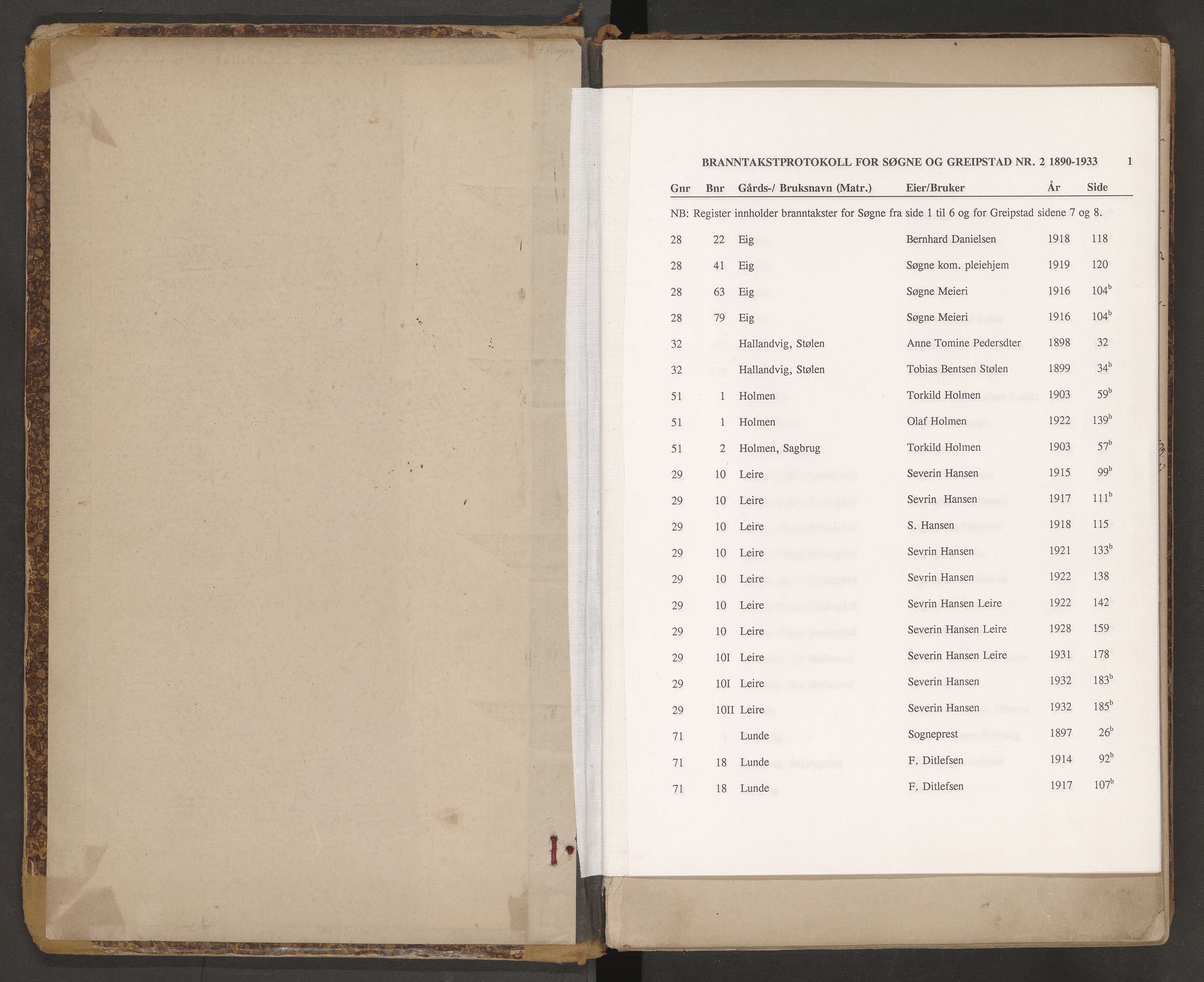 Norges Brannkasse Søgne og Greipstad, AV/SAK-2241-0046/F/Fa/L0002: Branntakstprotokoll nr. 2 med gårdsnavnregister, 1890-1933