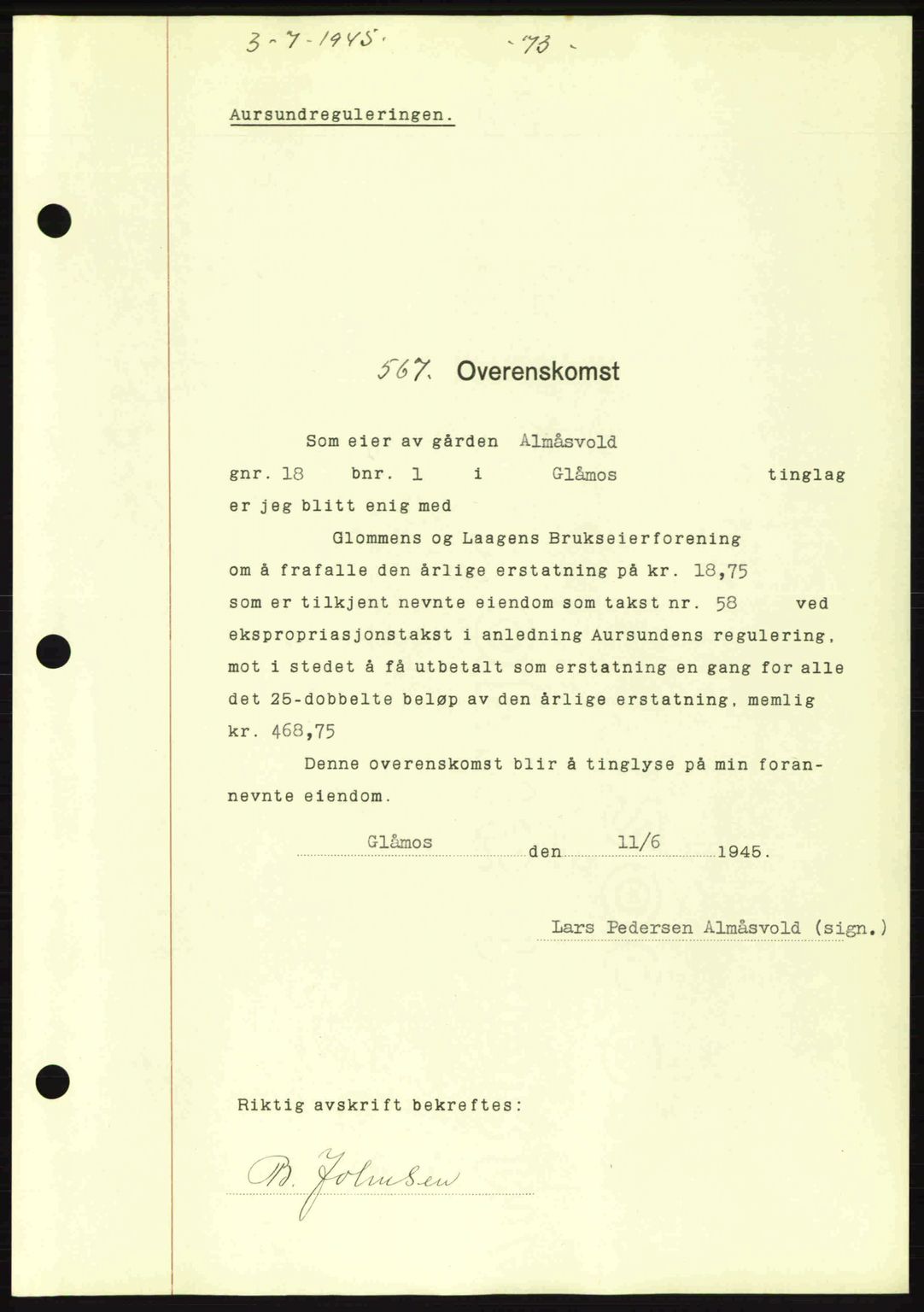 Gauldal sorenskriveri, SAT/A-0014/1/2/2C: Pantebok nr. A1a, 1945-1945, Dagboknr: 567/1945